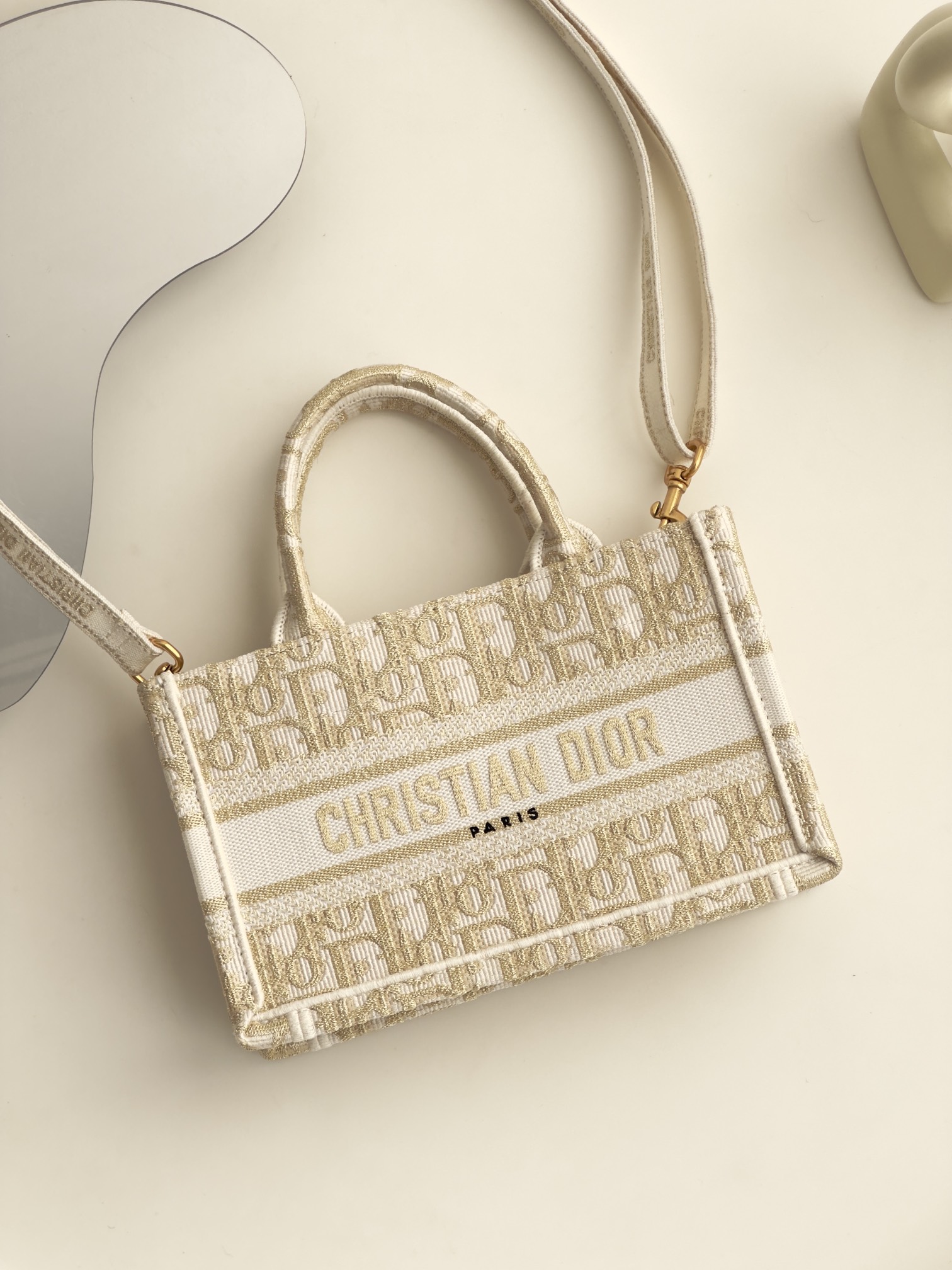 DIOR Mini Dior Book Tote White and Gold-Tone Dior Oblique Embroidery