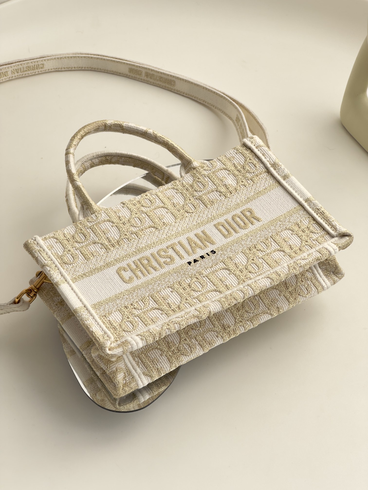 DIOR Mini Dior Book Tote White and Gold-Tone Dior Oblique Embroidery