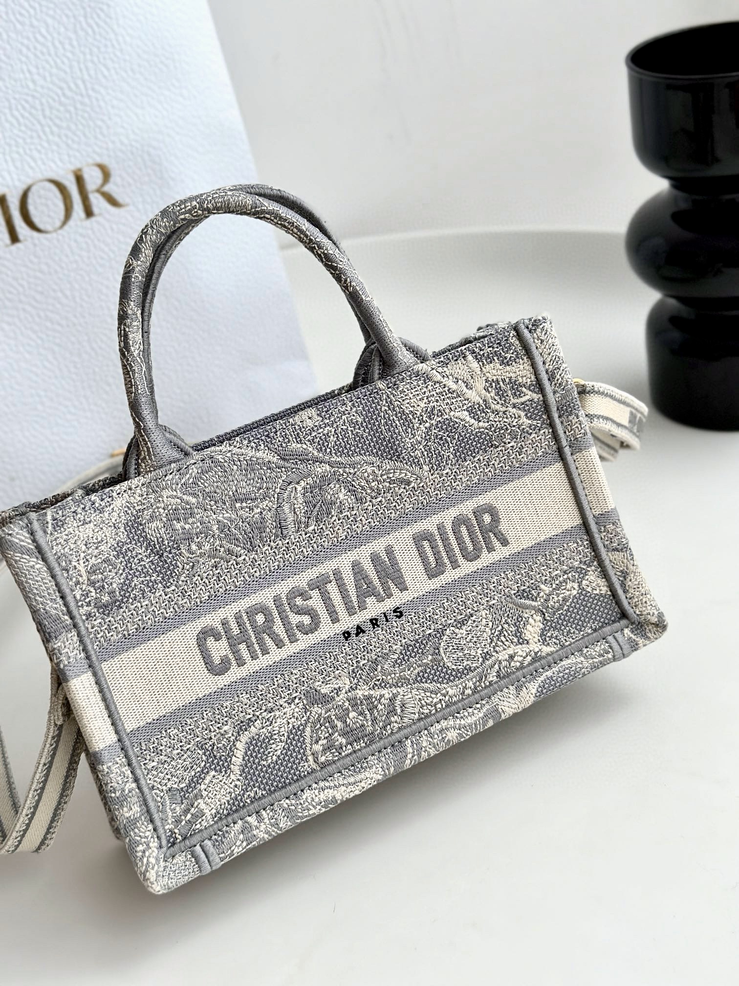 DIOR Mini Dior Book Tote Gray Toile de Jouy Reverse Embroidery