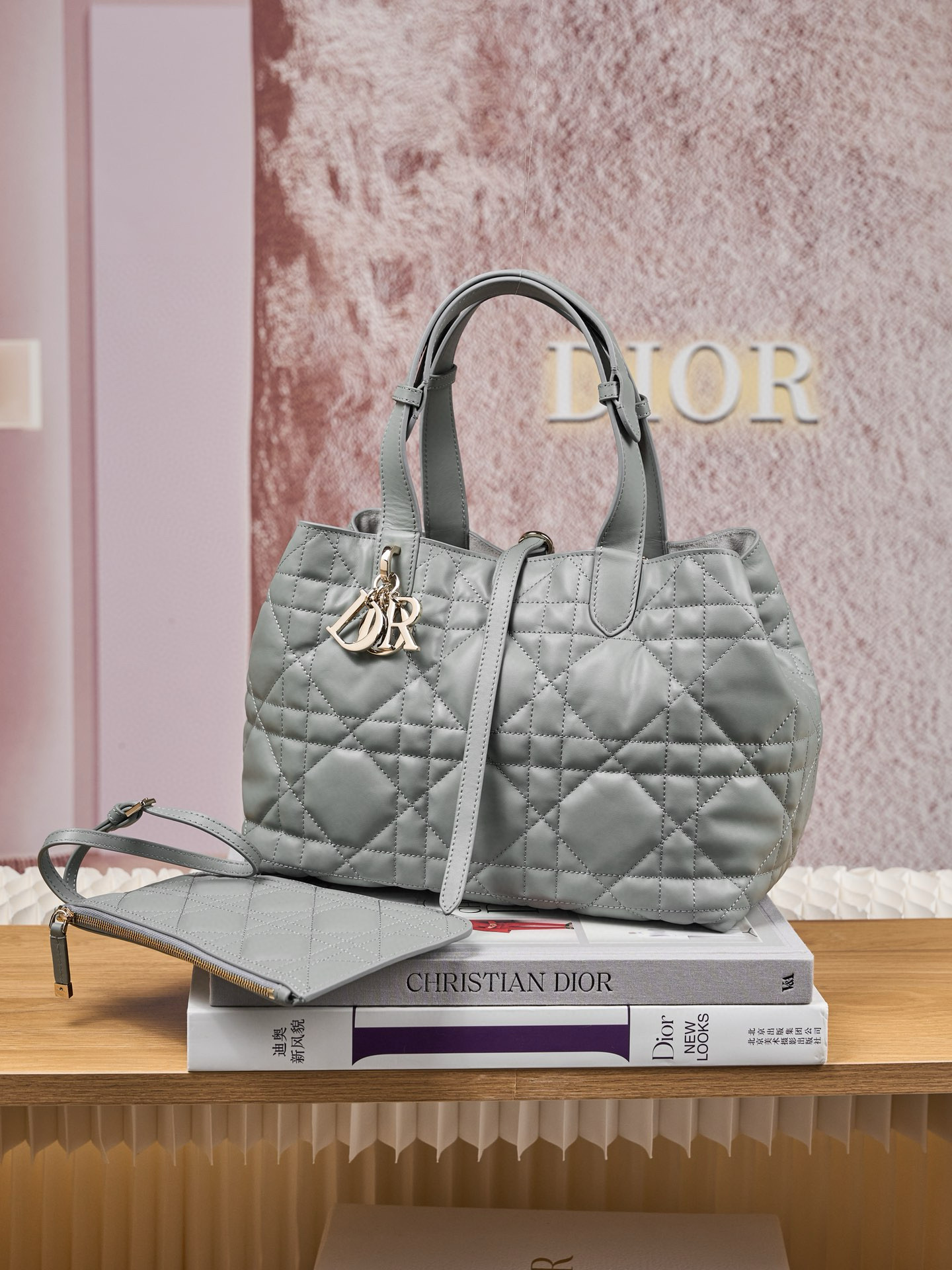 DIOR Medium Dior Toujours Bag Stone Gray Macrocannage Calfskin