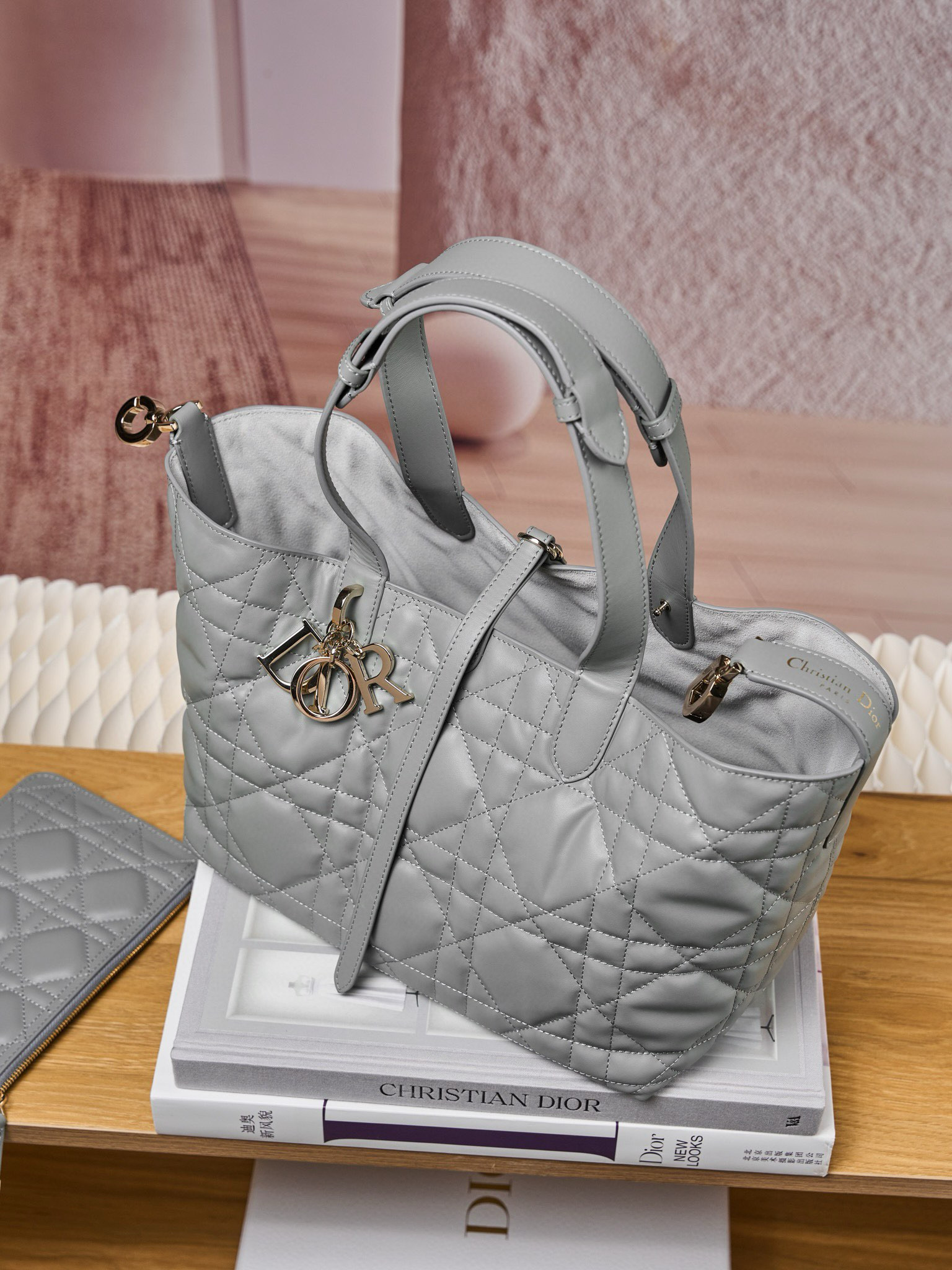 DIOR Medium Dior Toujours Bag Stone Gray Macrocannage Calfskin