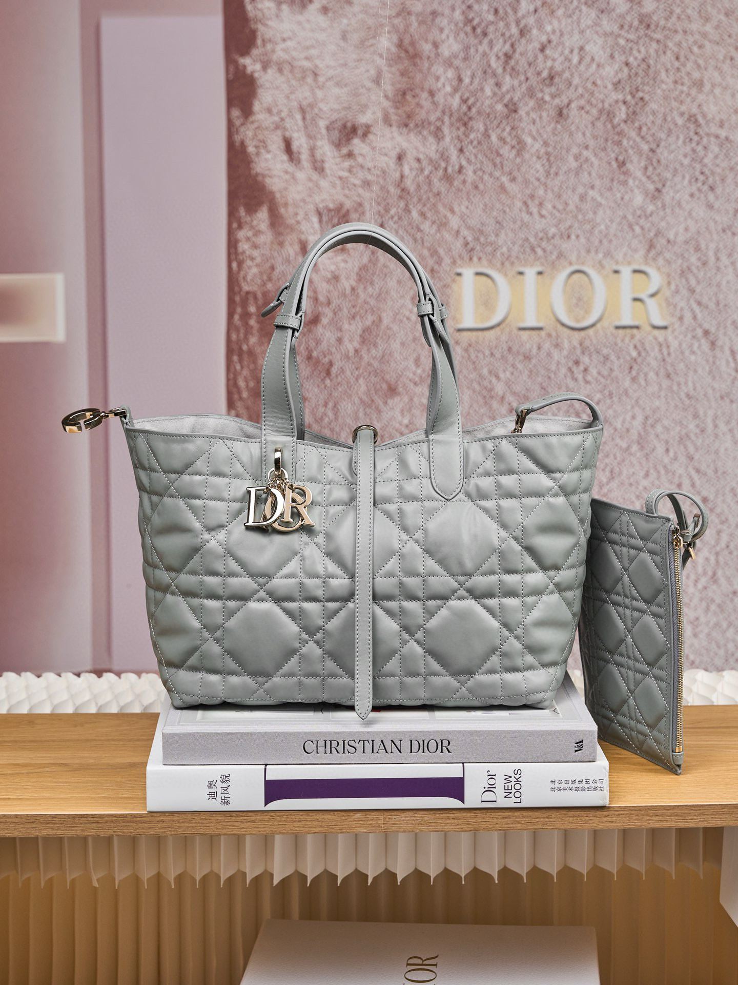 DIOR Medium Dior Toujours Bag Stone Gray Macrocannage Calfskin