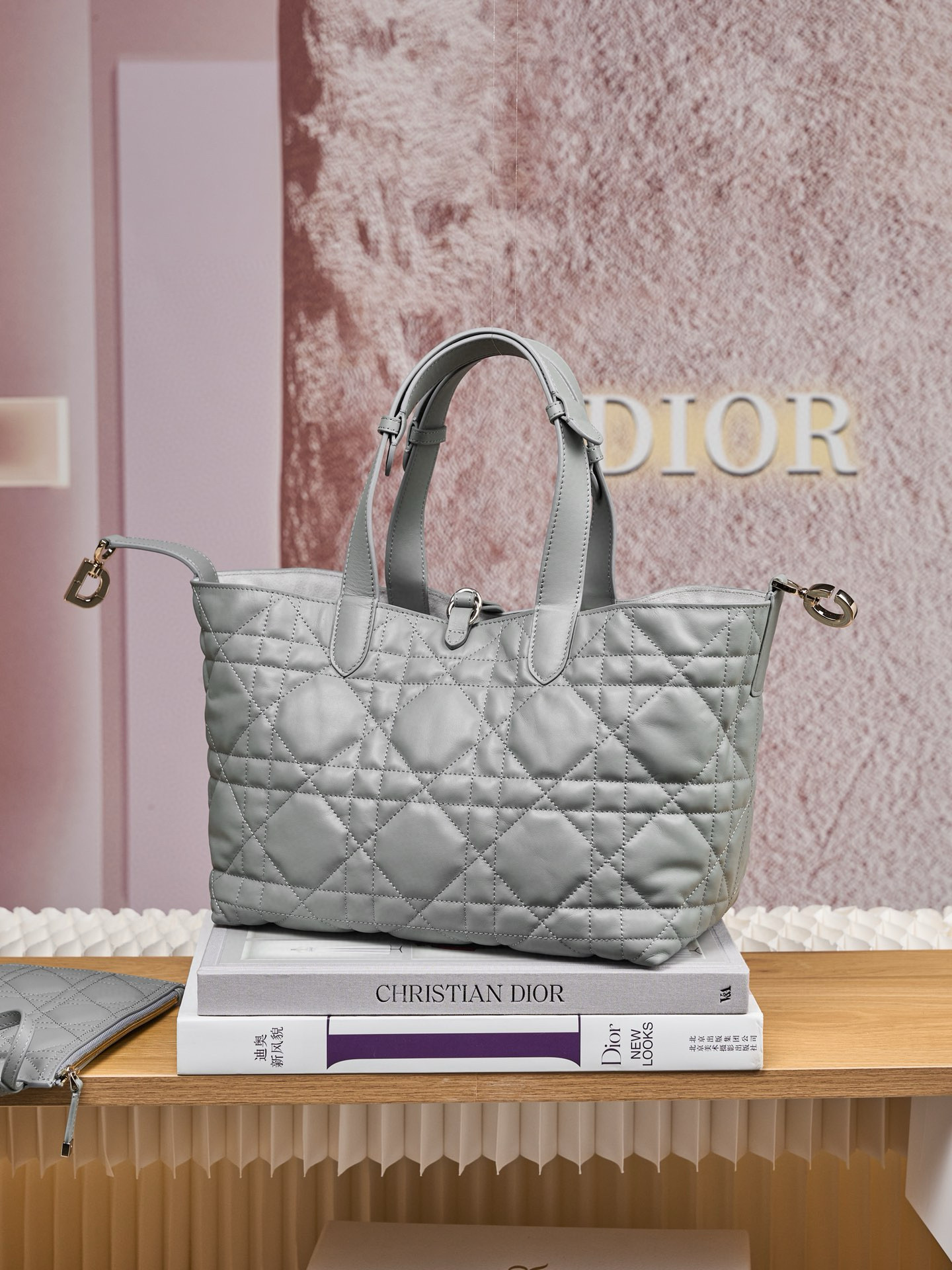 DIOR Medium Dior Toujours Bag Stone Gray Macrocannage Calfskin