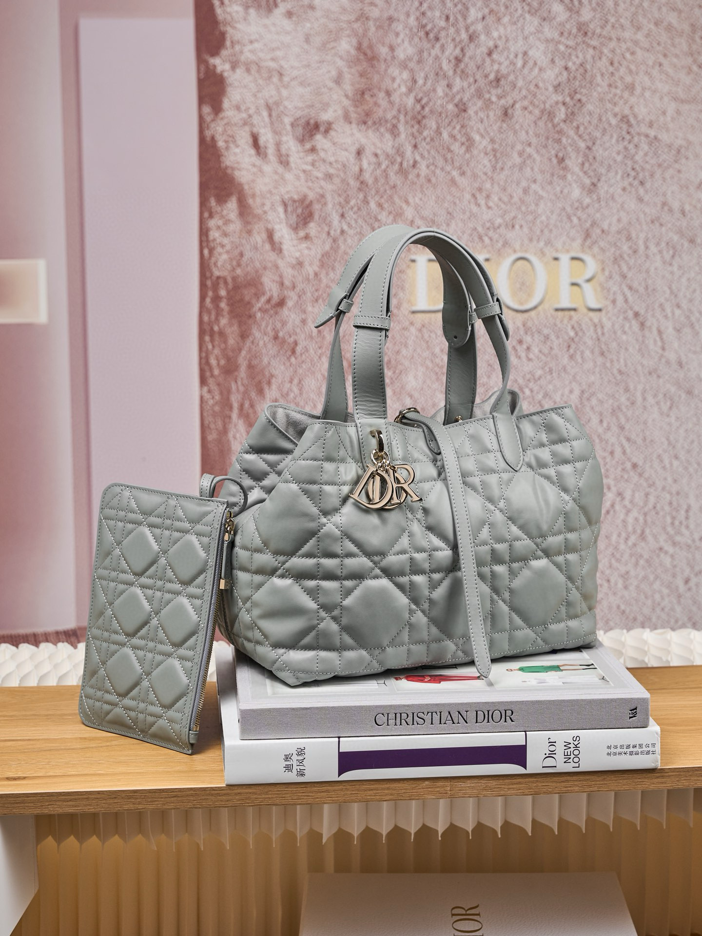 DIOR Medium Dior Toujours Bag Stone Gray Macrocannage Calfskin