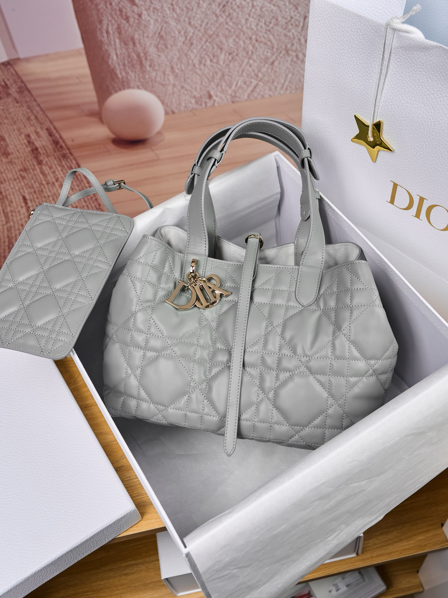 DIOR Medium Dior Toujours Bag Stone Gray Macrocannage Calfskin