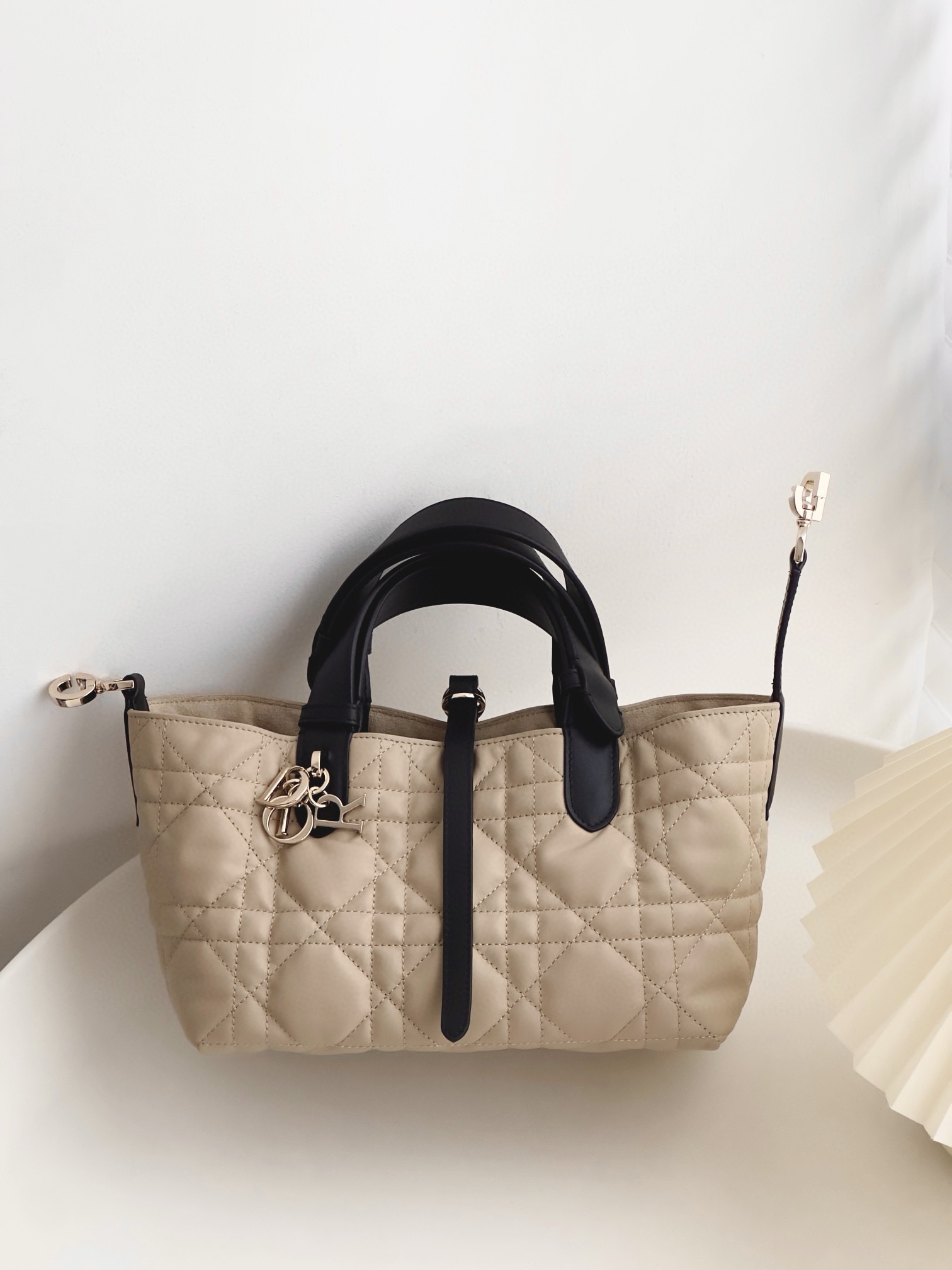 DIOR Small Dior Toujours Bag Rope Beige and Black Macrocannage Calfskin