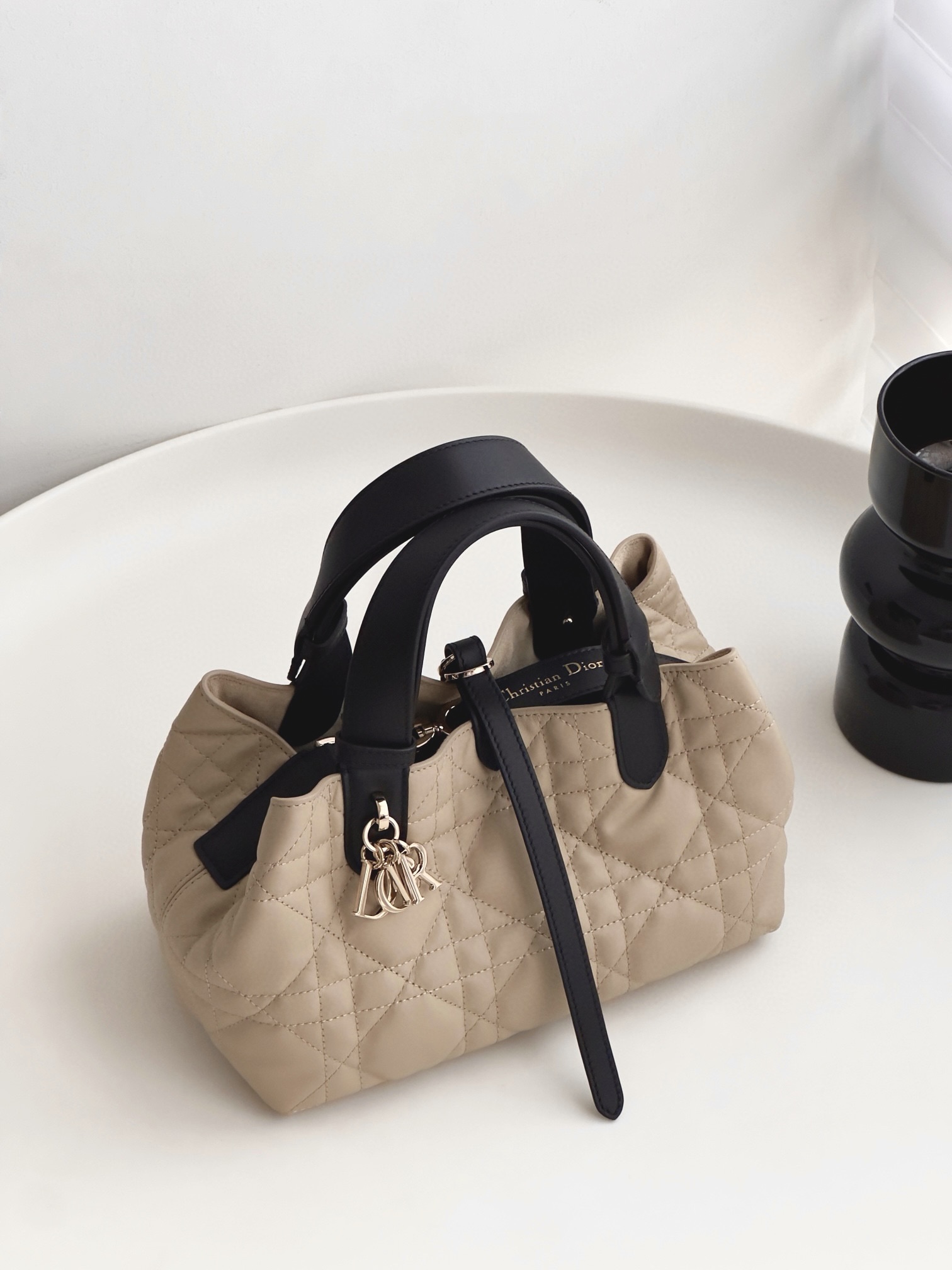 DIOR Small Dior Toujours Bag Rope Beige and Black Macrocannage Calfskin