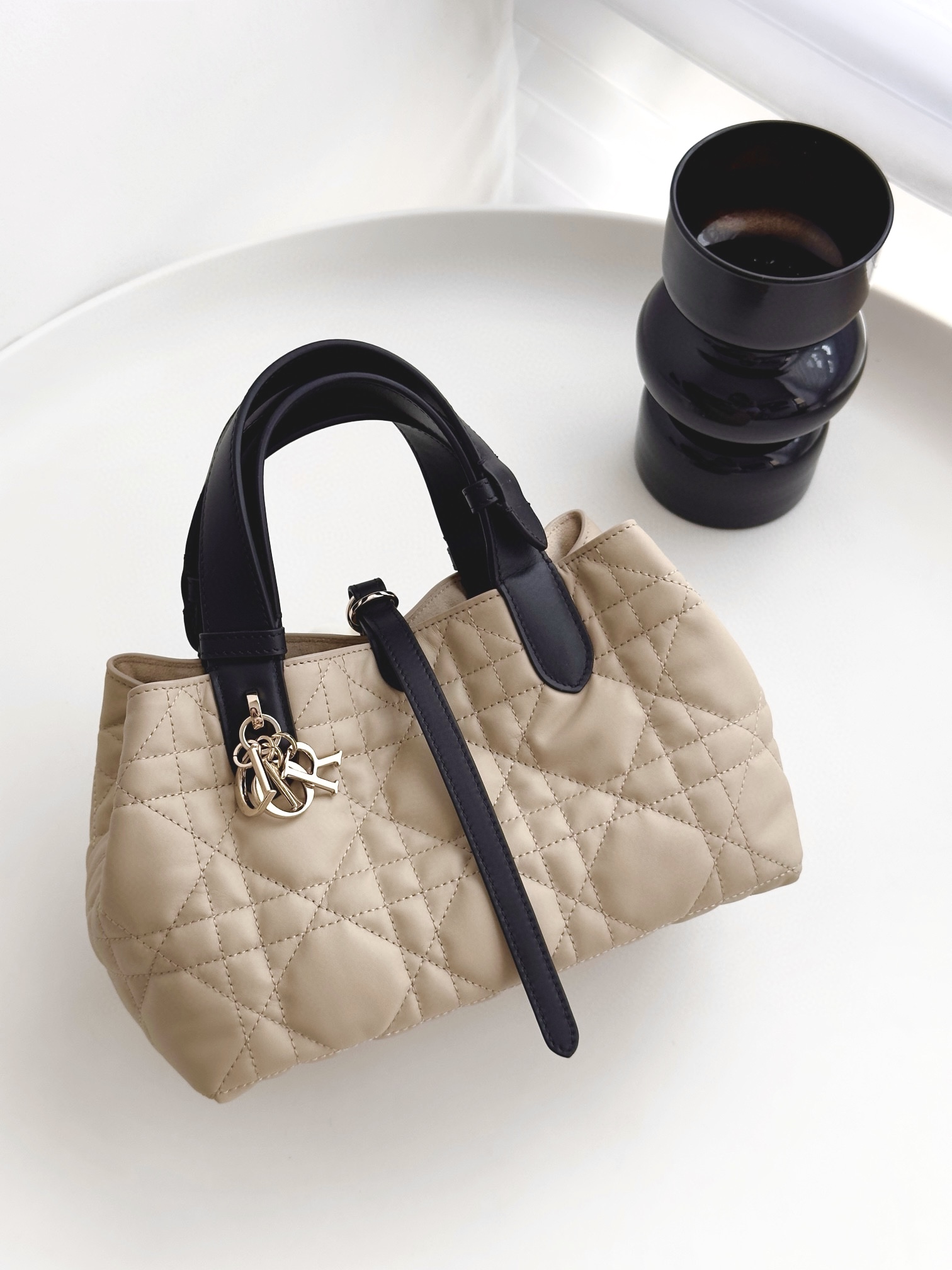 DIOR Small Dior Toujours Bag Rope Beige and Black Macrocannage Calfskin