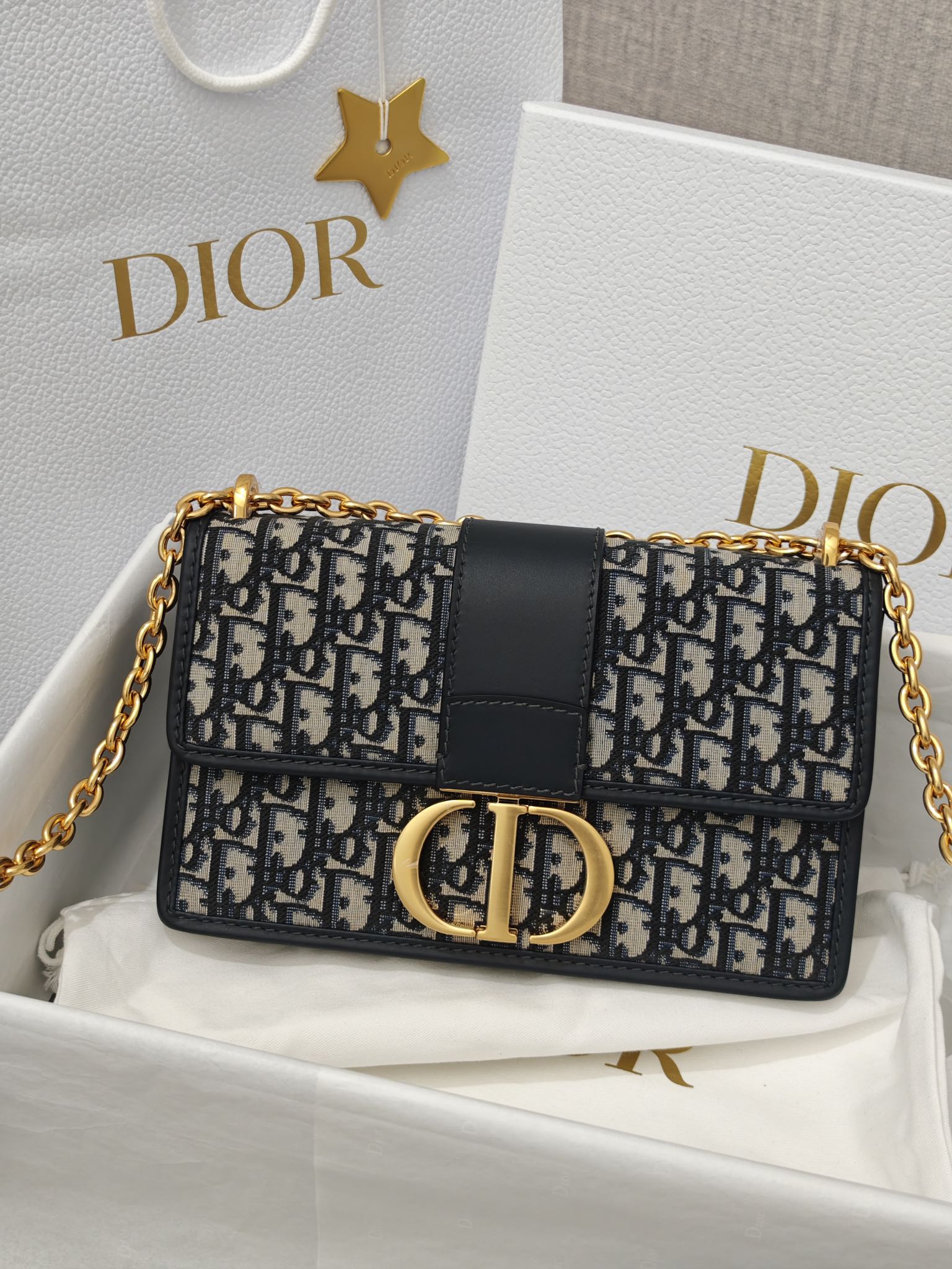 DIOR 30 Montaigne Chain Bag Blue Dior Oblique Jacquard