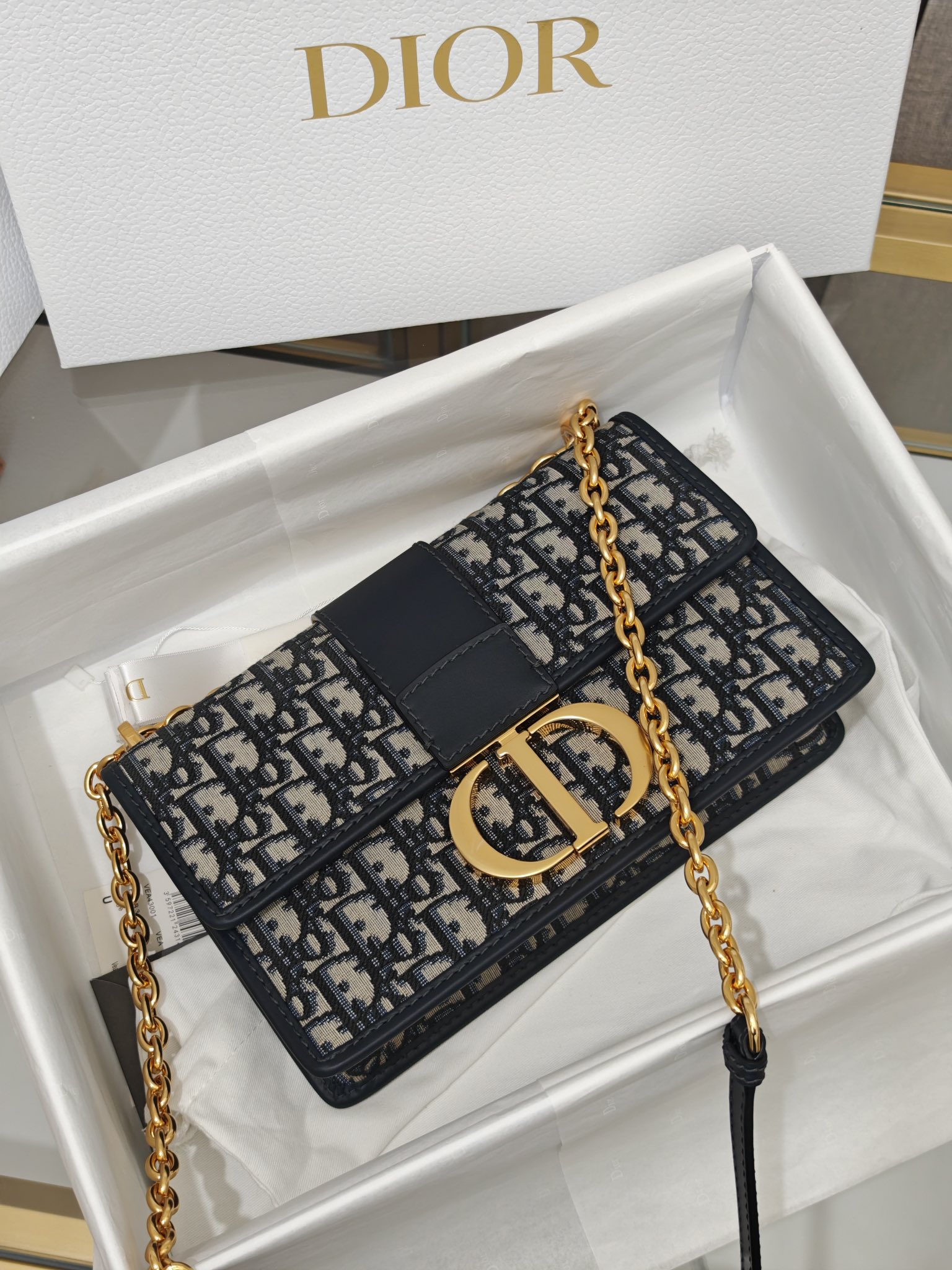 DIOR 30 Montaigne Chain Bag Blue Dior Oblique Jacquard