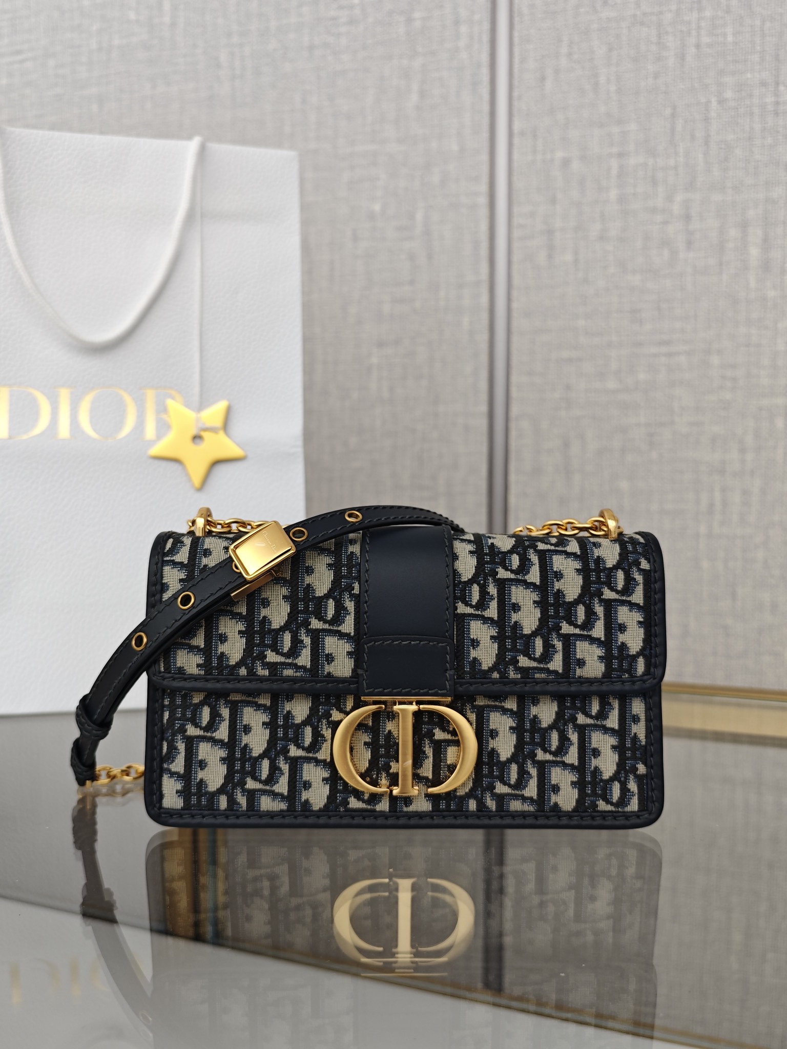 DIOR 30 Montaigne East-West Bag with Chain Blue Dior Oblique Jacquard