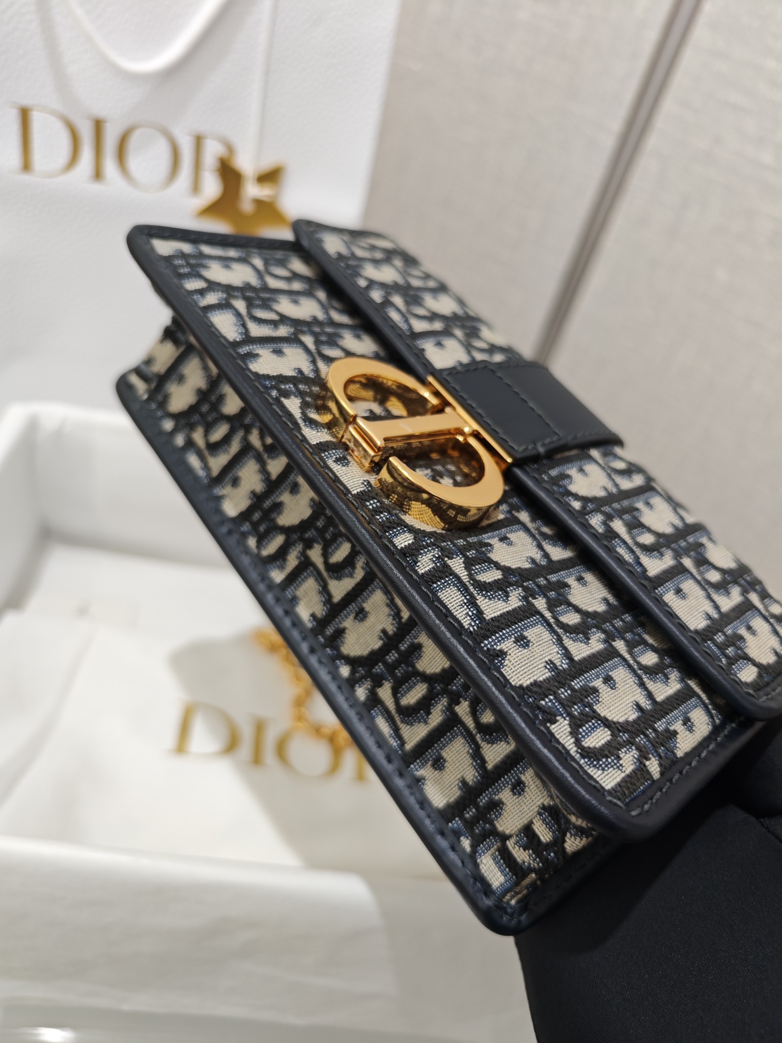 DIOR 30 Montaigne East-West Bag with Chain Blue Dior Oblique Jacquard