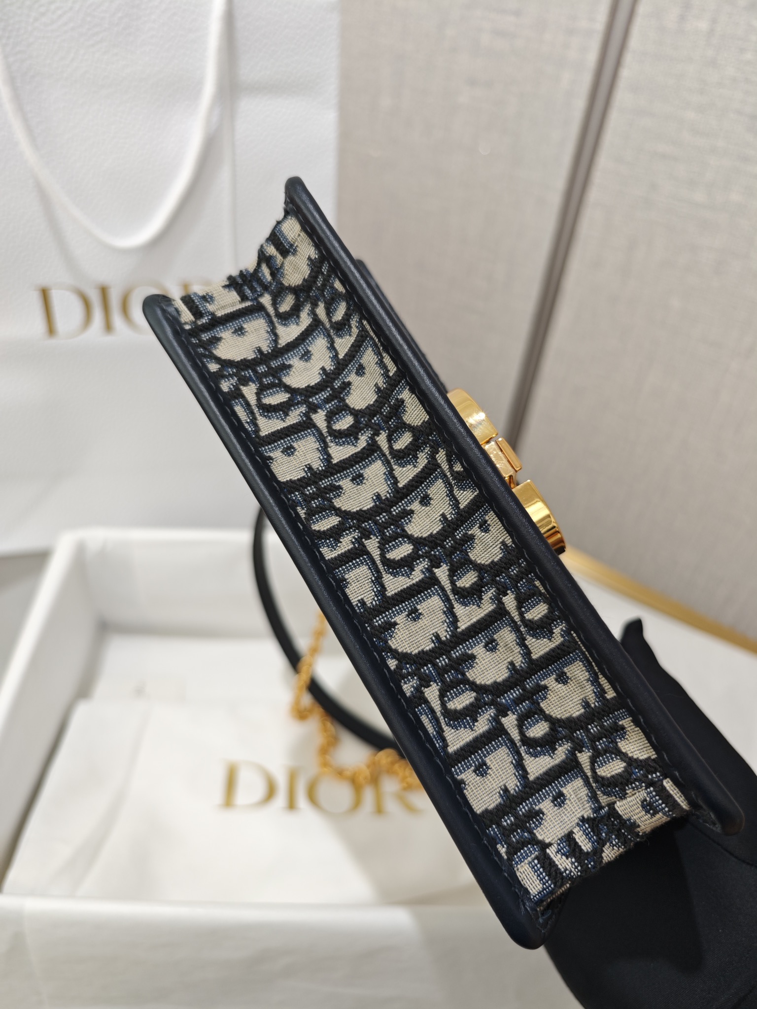 DIOR 30 Montaigne East-West Bag with Chain Blue Dior Oblique Jacquard