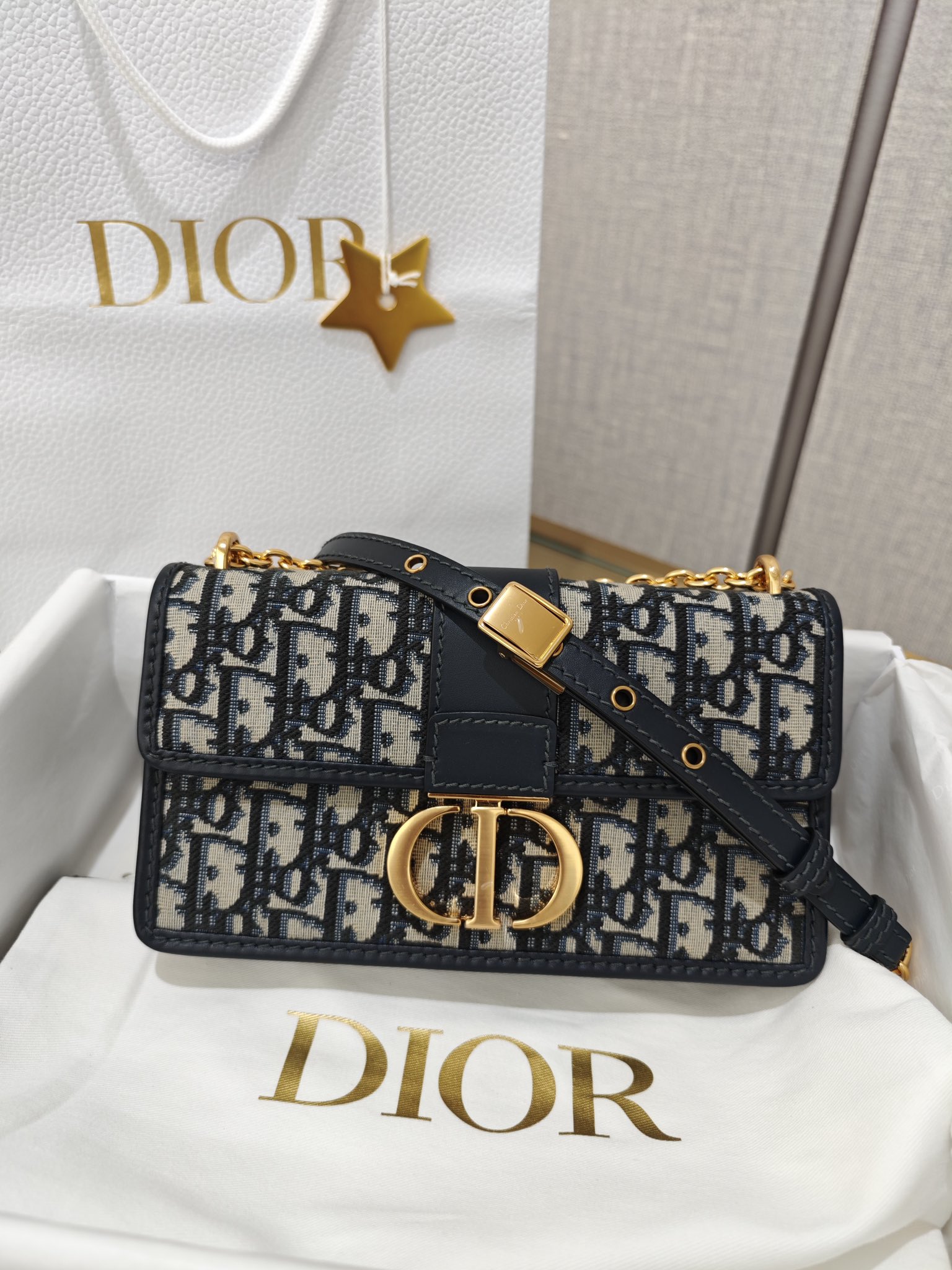 DIOR 30 Montaigne East-West Bag with Chain Blue Dior Oblique Jacquard