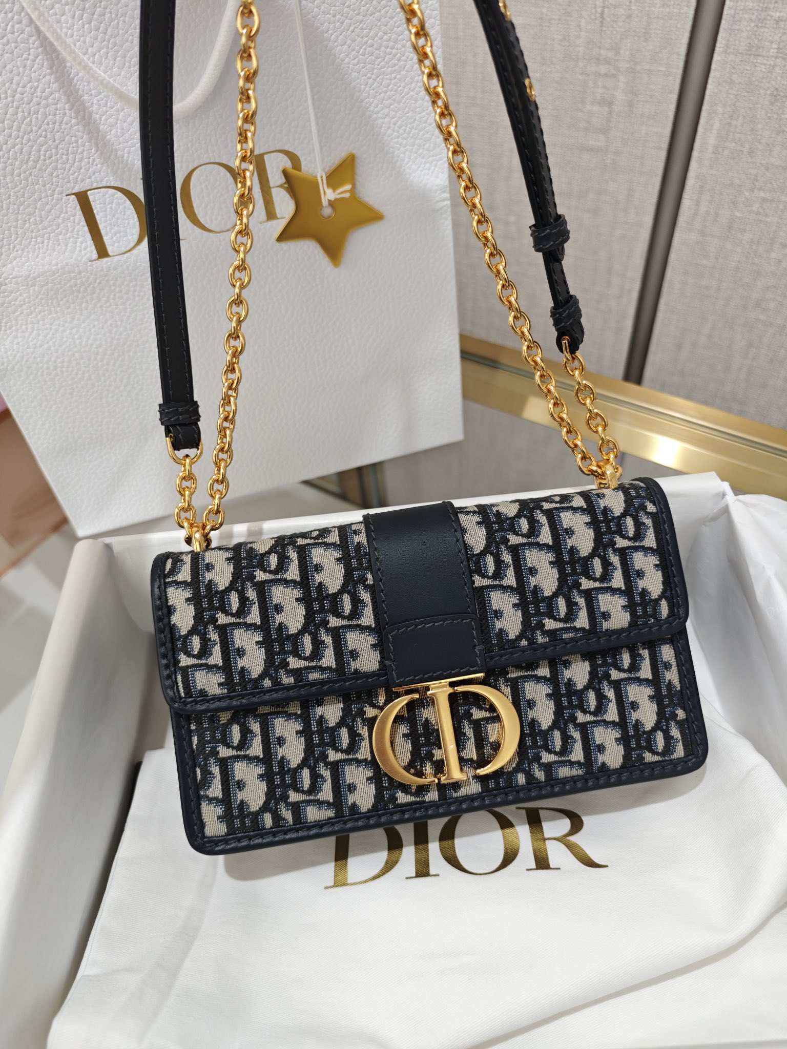 DIOR 30 Montaigne East-West Bag with Chain Blue Dior Oblique Jacquard