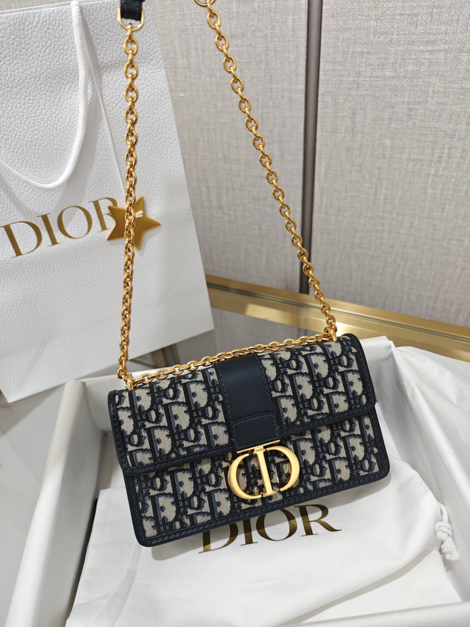 DIOR 30 Montaigne East-West Bag with Chain Blue Dior Oblique Jacquard