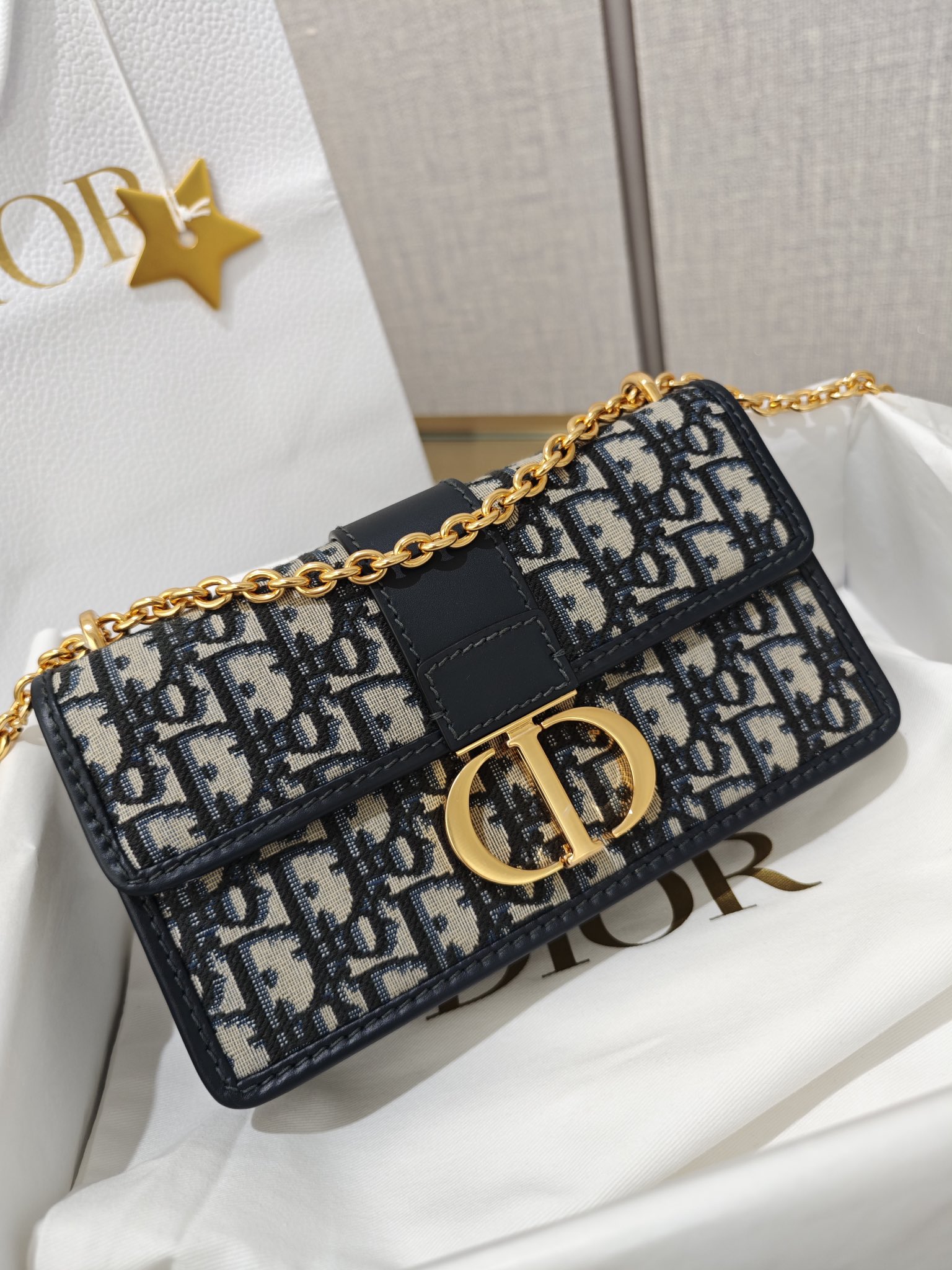 DIOR 30 Montaigne East-West Bag with Chain Blue Dior Oblique Jacquard