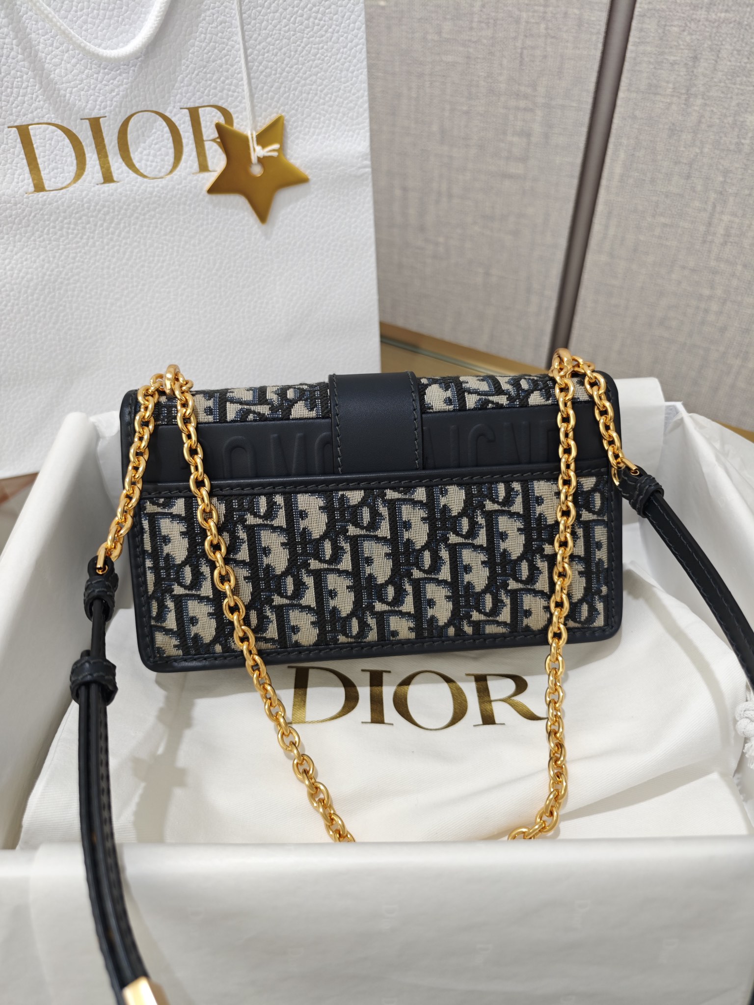 DIOR 30 Montaigne East-West Bag with Chain Blue Dior Oblique Jacquard