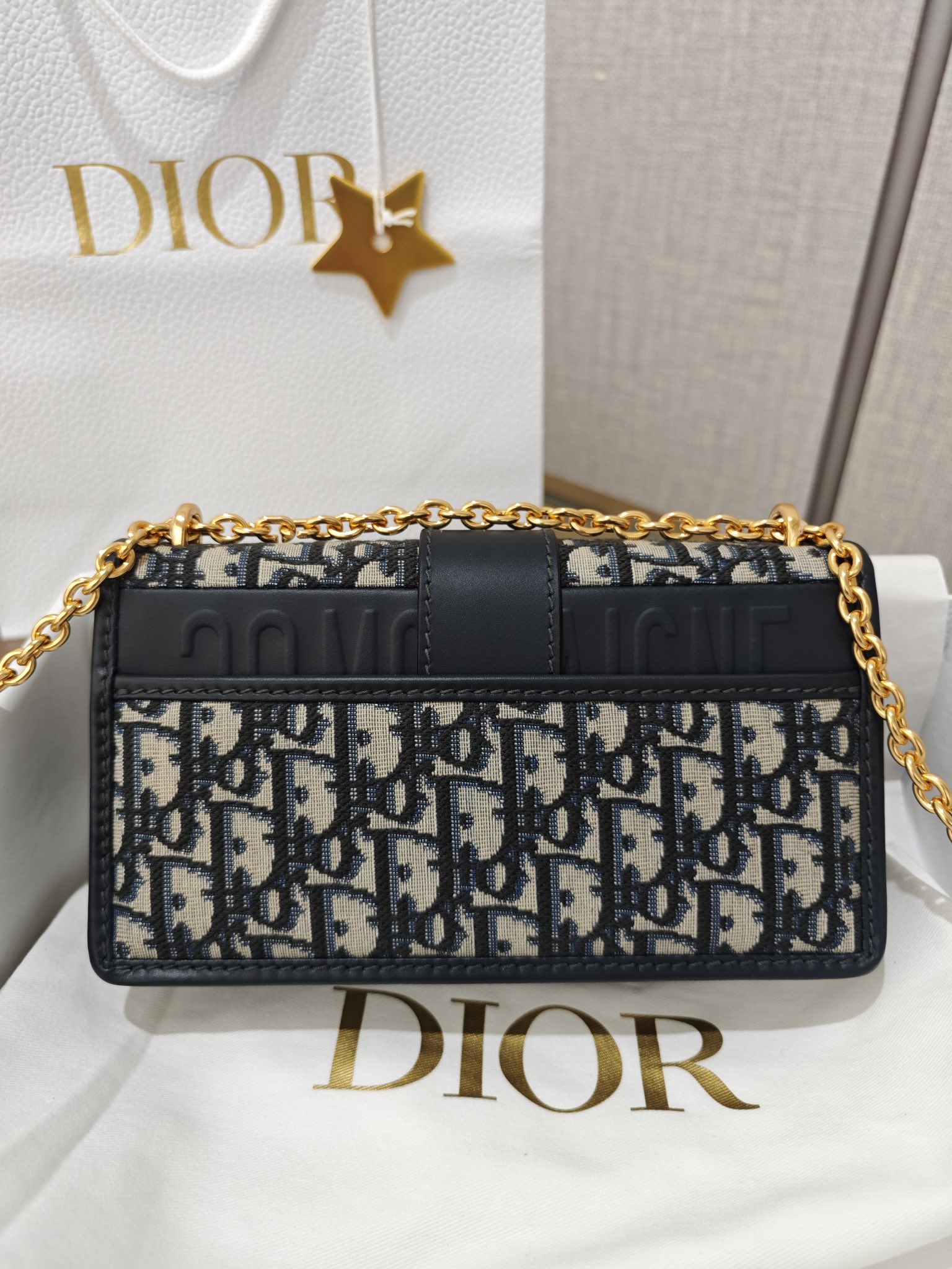 DIOR 30 Montaigne East-West Bag with Chain Blue Dior Oblique Jacquard