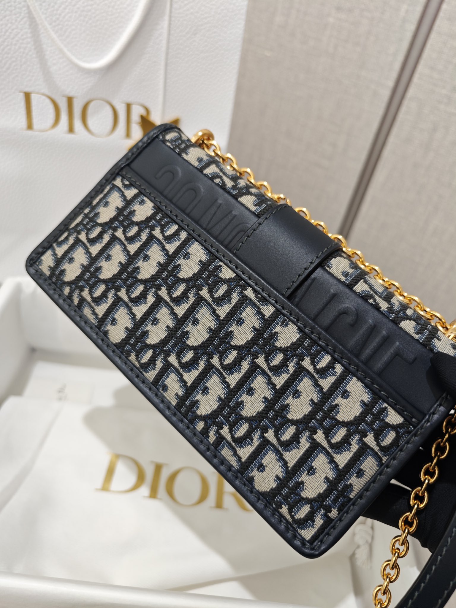 DIOR 30 Montaigne East-West Bag with Chain Blue Dior Oblique Jacquard