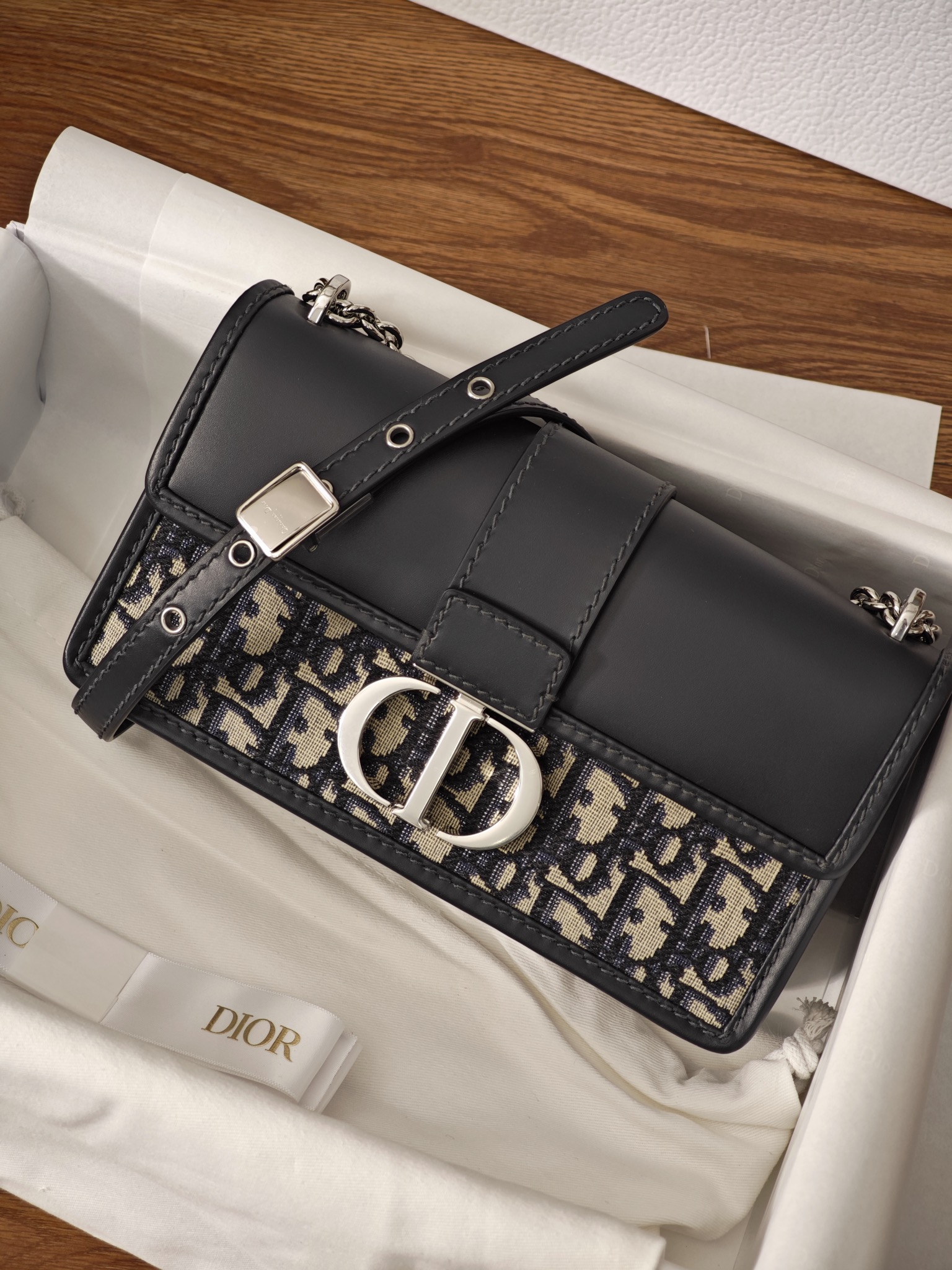 DIOR 30 Montaigne East-West Bag with Chain Blue Dior Oblique Jacquard and Smooth Calfskin