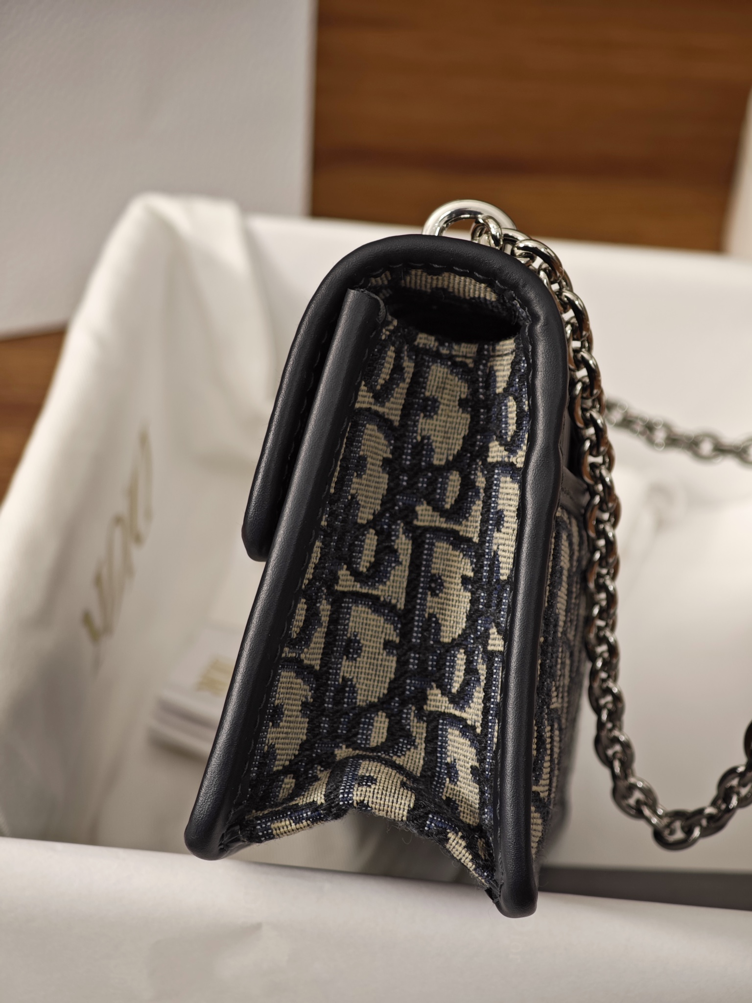 DIOR 30 Montaigne East-West Bag with Chain Blue Dior Oblique Jacquard and Smooth Calfskin