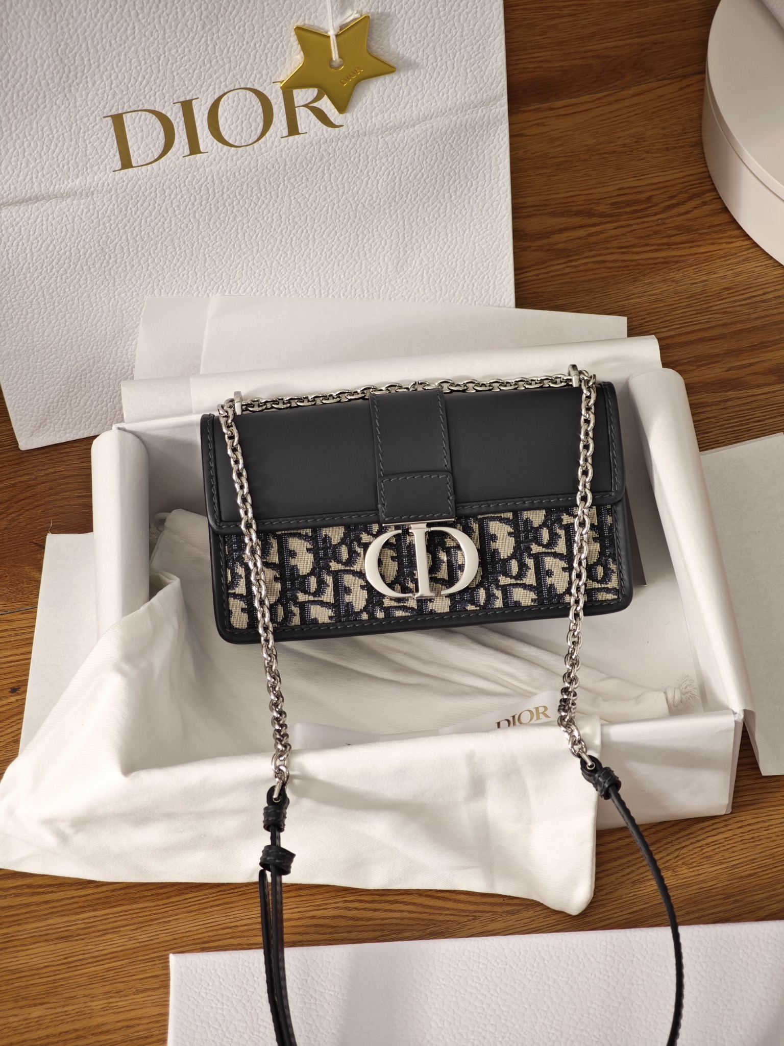 DIOR 30 Montaigne East-West Bag with Chain Blue Dior Oblique Jacquard and Smooth Calfskin