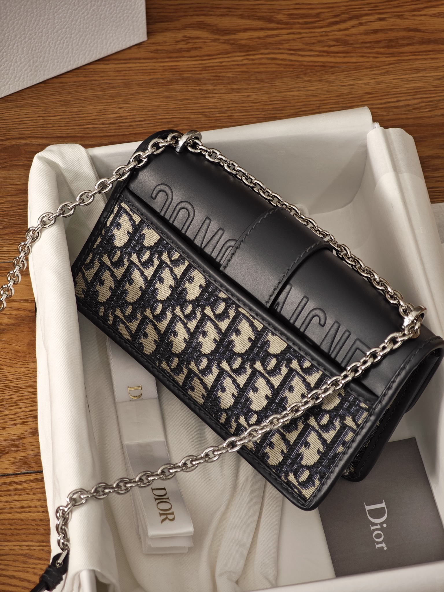 DIOR 30 Montaigne East-West Bag with Chain Blue Dior Oblique Jacquard and Smooth Calfskin