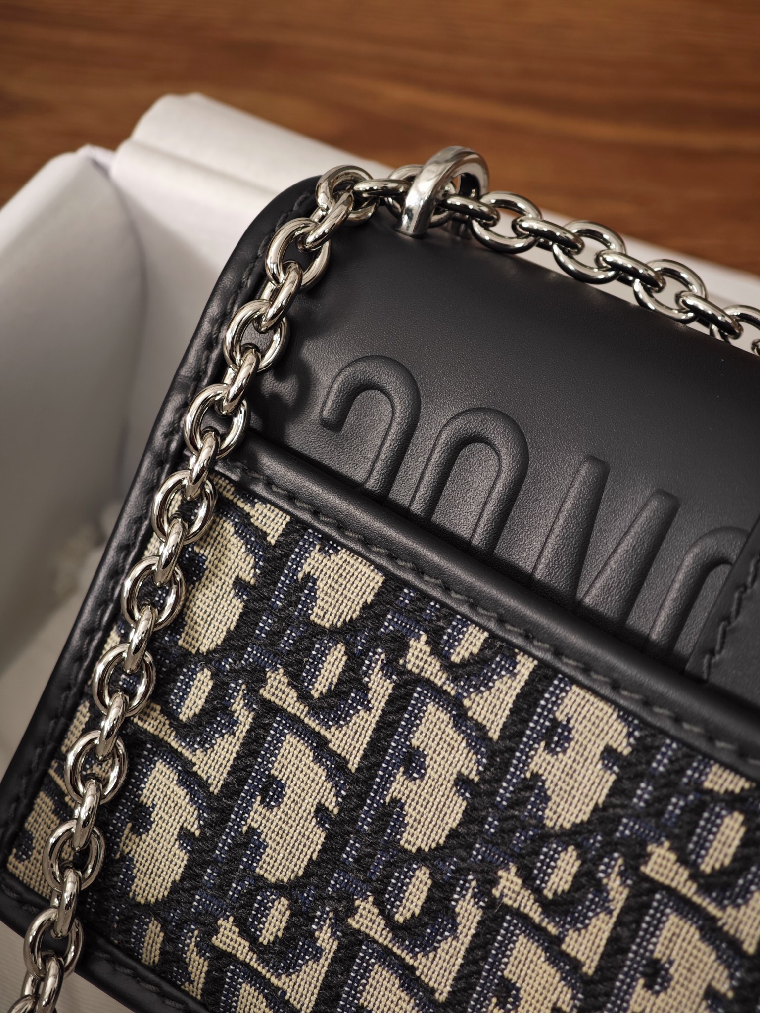 DIOR 30 Montaigne East-West Bag with Chain Blue Dior Oblique Jacquard and Smooth Calfskin