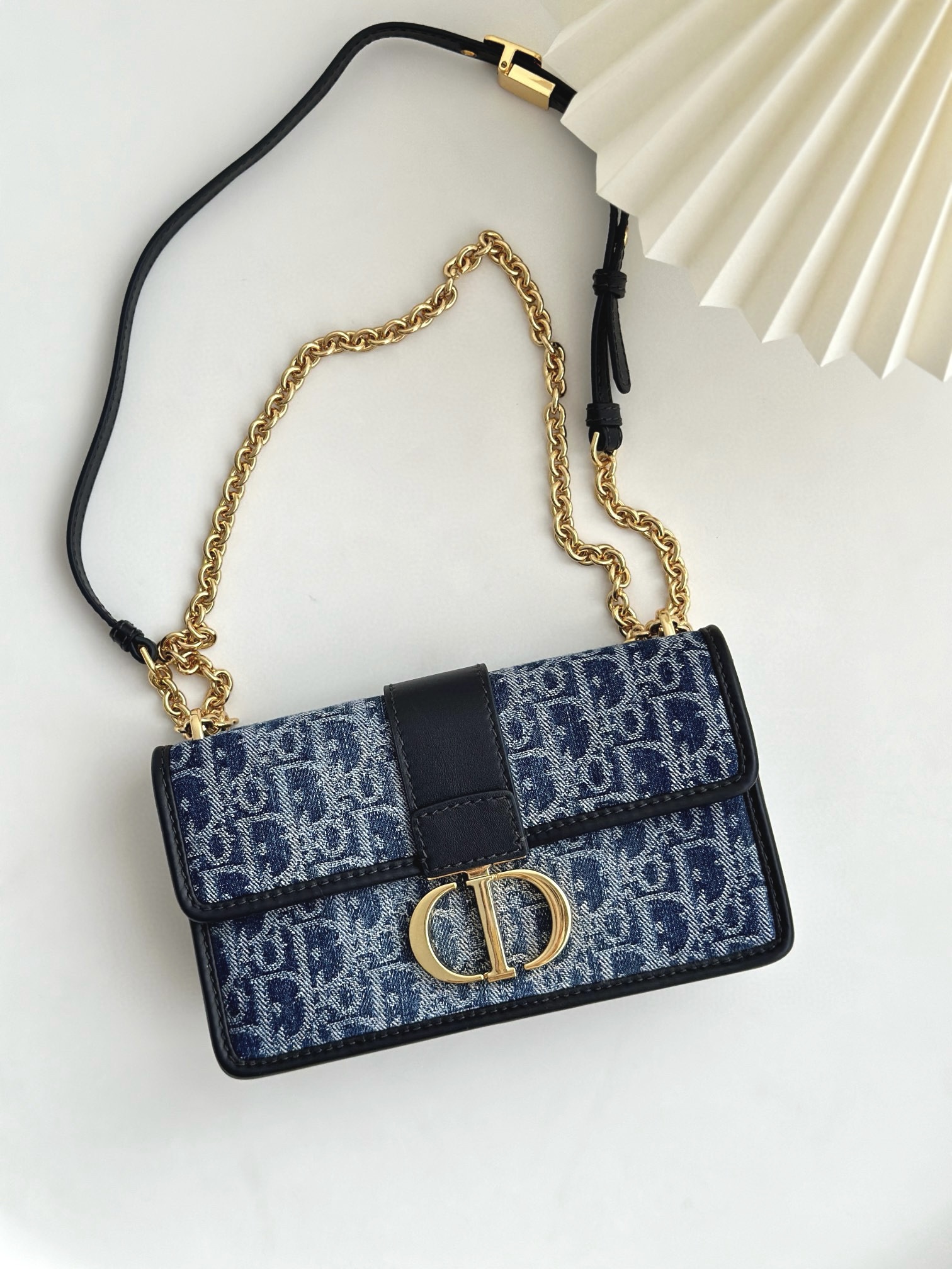 DIOR 30 Montaigne East-West Bag with Chain Blue Denim Dior Oblique Jacquard