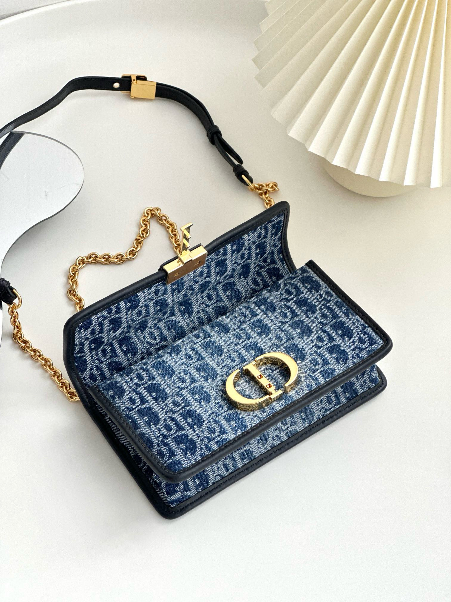 DIOR 30 Montaigne East-West Bag with Chain Blue Denim Dior Oblique Jacquard