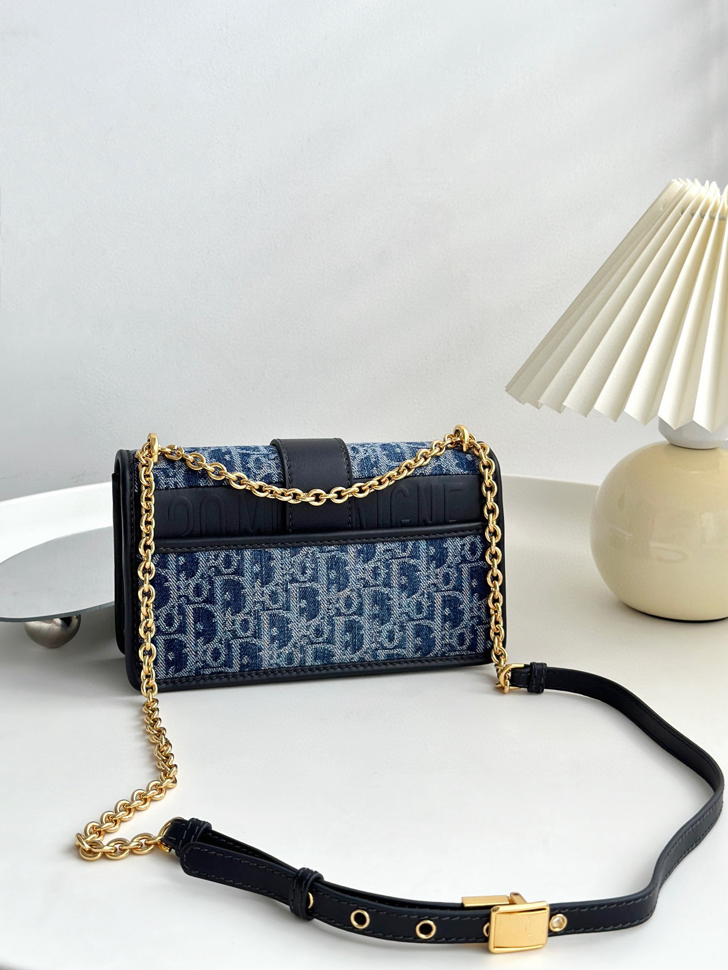 DIOR 30 Montaigne East-West Bag with Chain Blue Denim Dior Oblique Jacquard