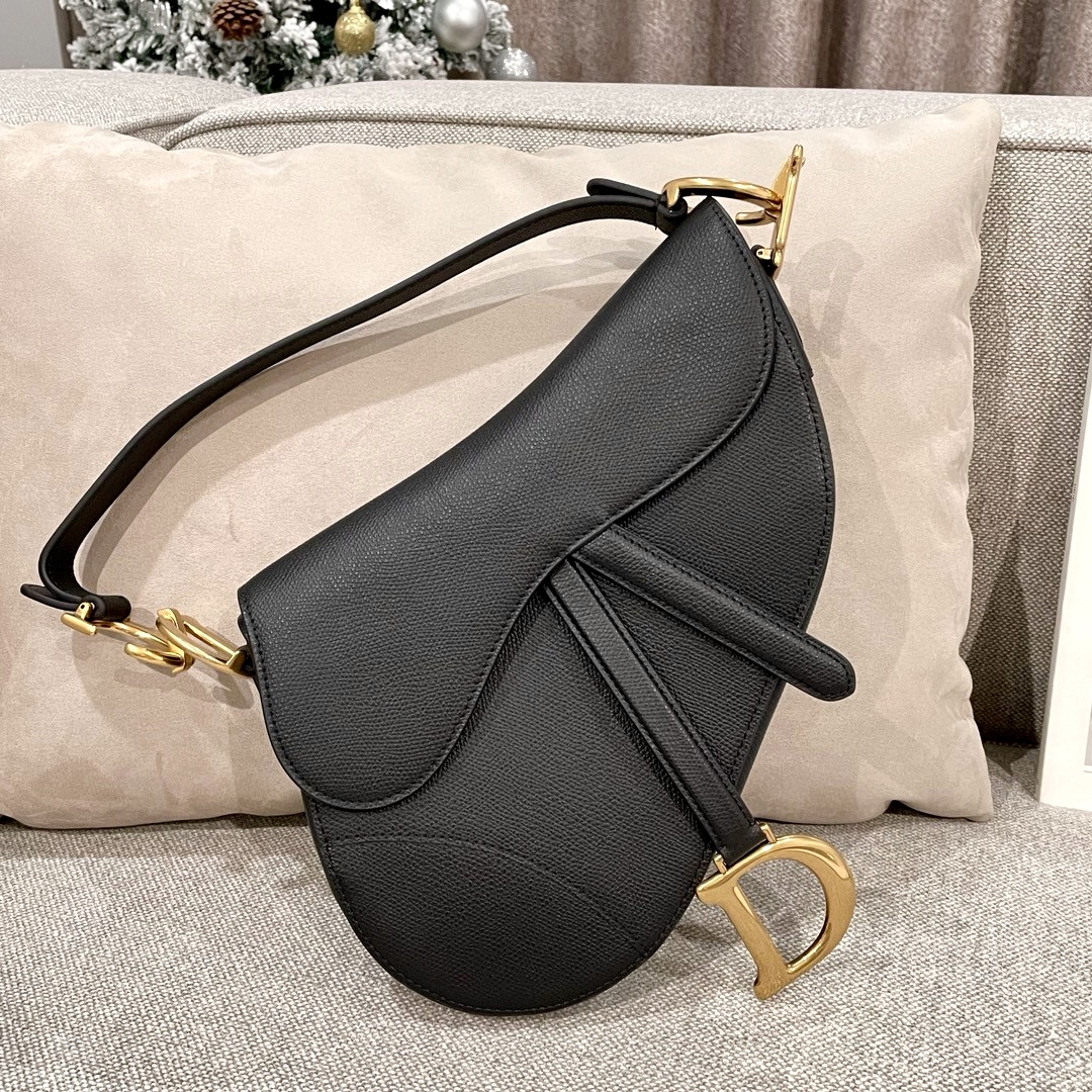 DIOR Saddle Bag with Strap Black Grained Calfskin