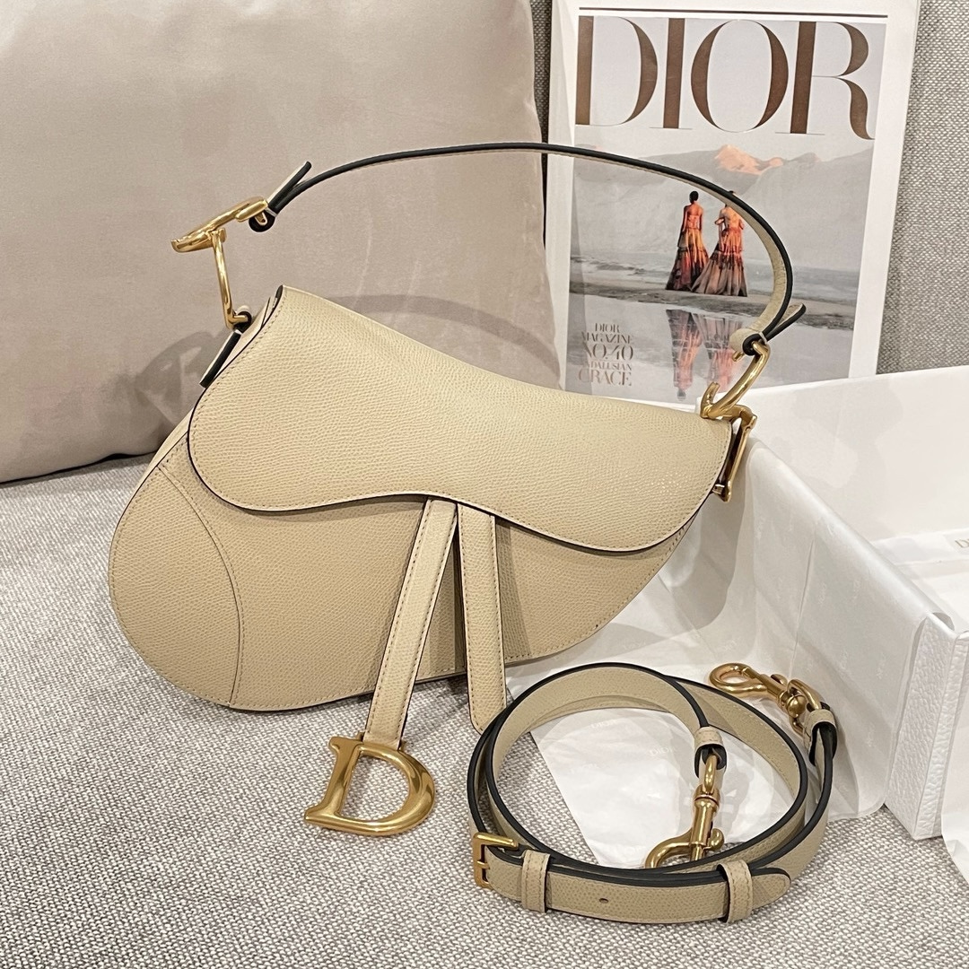 DIOR Saddle Bag with Strap Sand-Colored Grained Calfskin