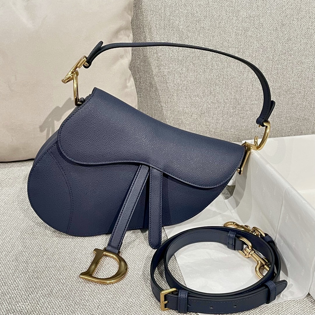 DIOR Saddle Bag with Strap Indigo Blue Grained Calfskin