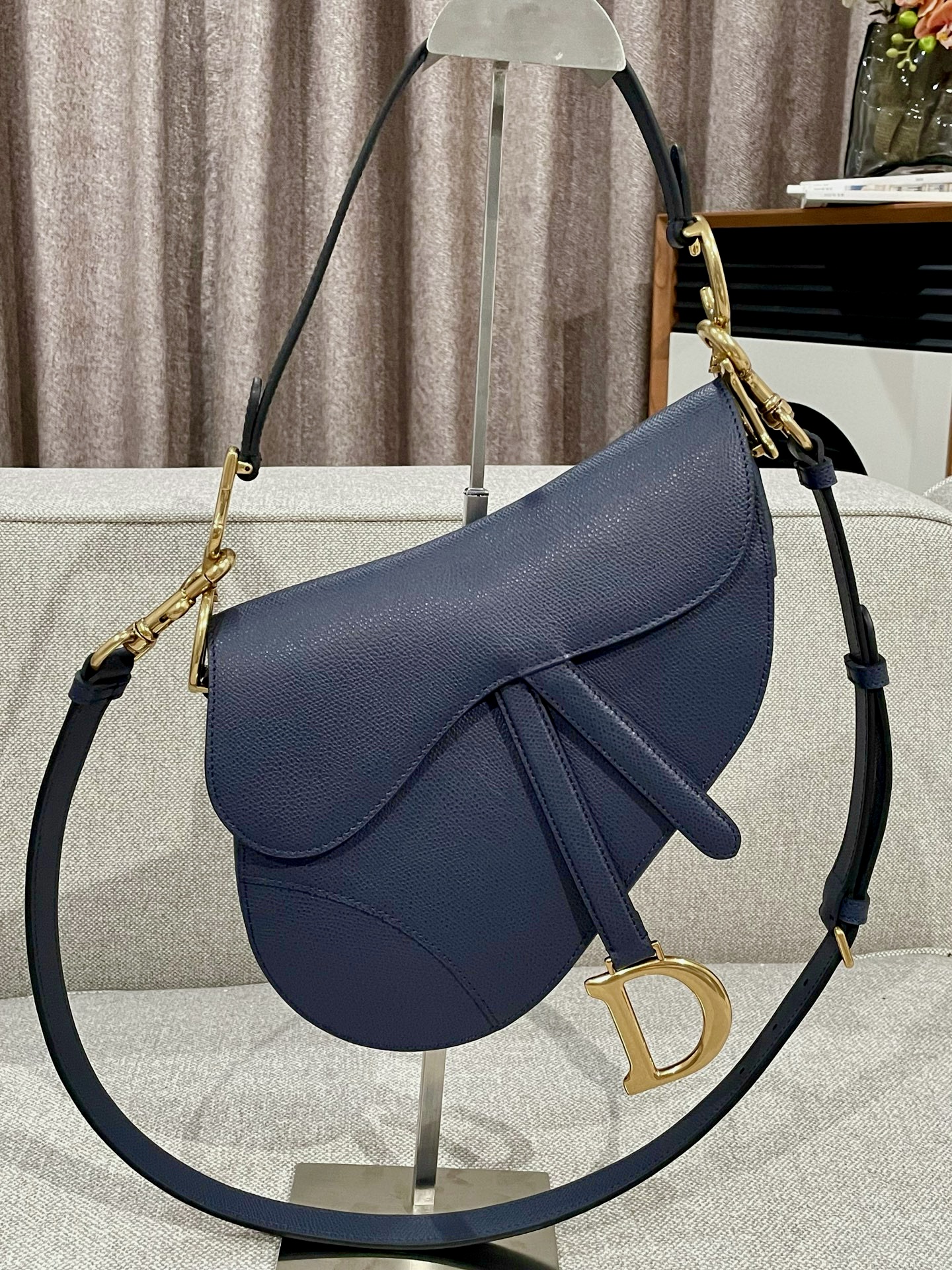 DIOR Saddle Bag with Strap Indigo Blue Grained Calfskin