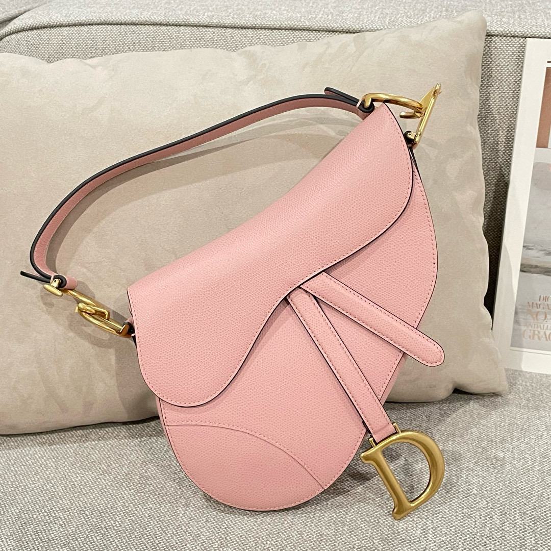 DIOR Saddle Bag with Strap Pink Grained Calfskin