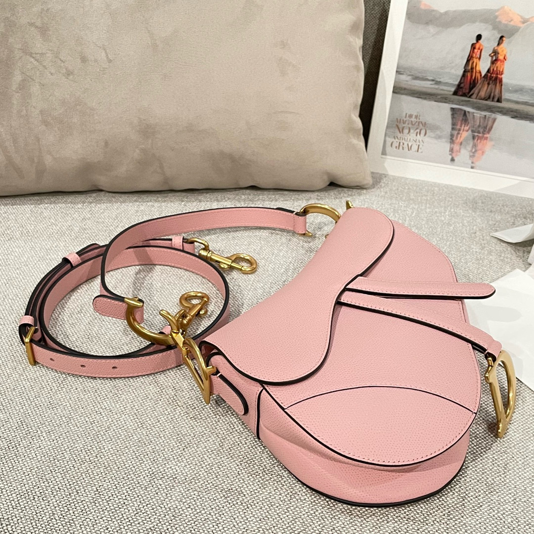 DIOR Saddle Bag with Strap Pink Grained Calfskin