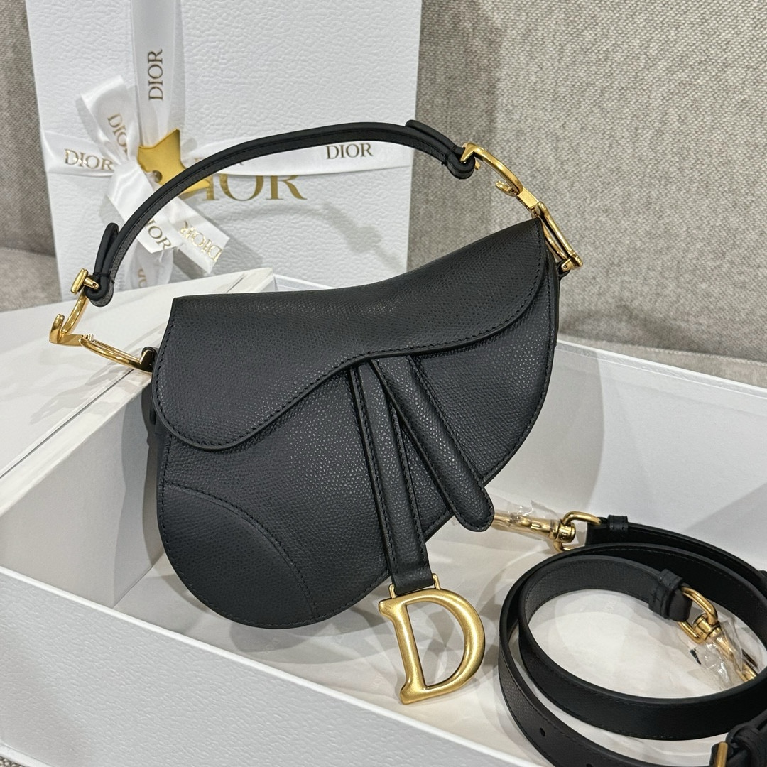 DIOR Mini Saddle Bag with Strap Black Grained Calfskin