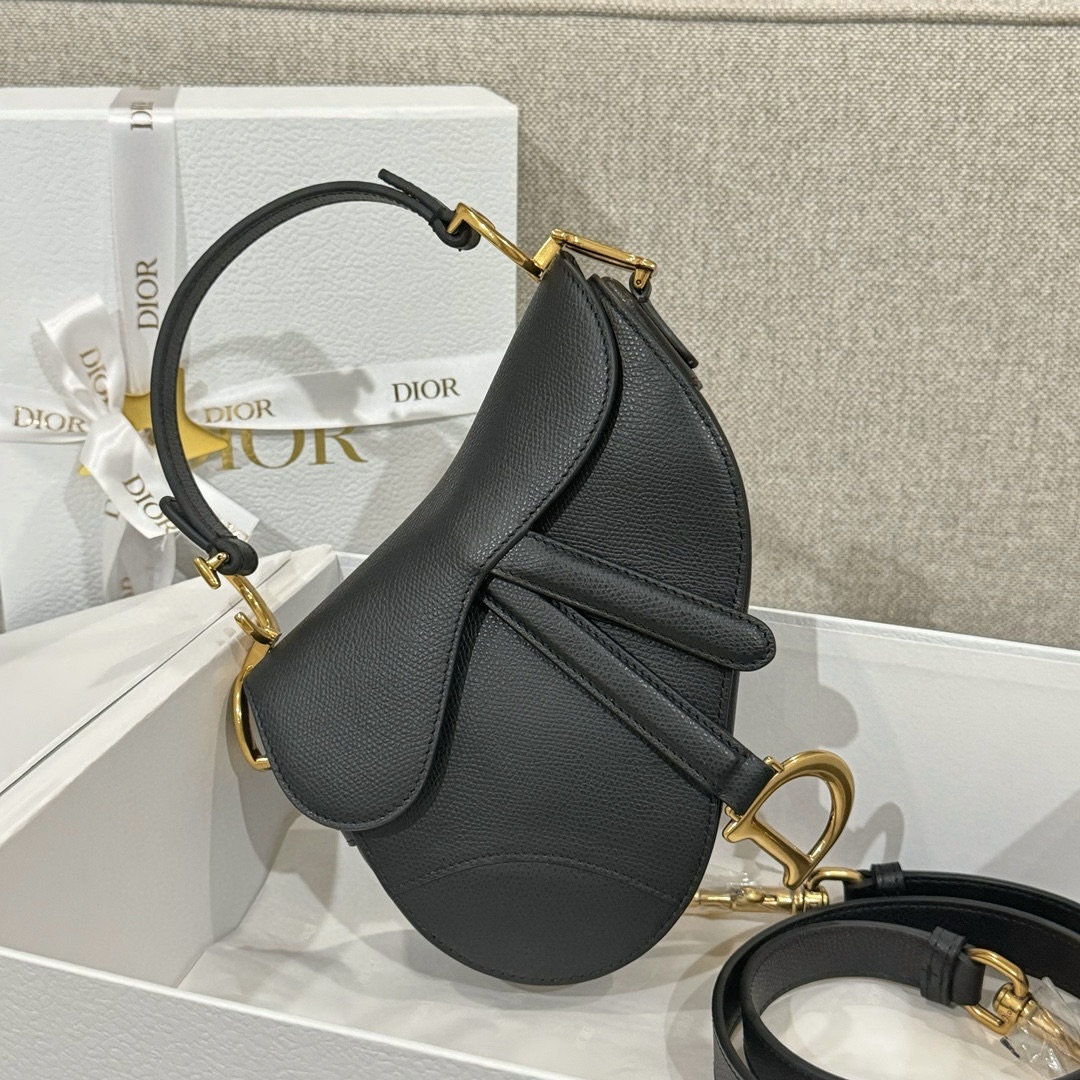 DIOR Mini Saddle Bag with Strap Black Grained Calfskin