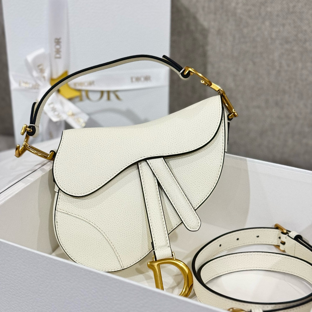 DIOR Mini Saddle Bag with Strap Latte Grained Calfskin