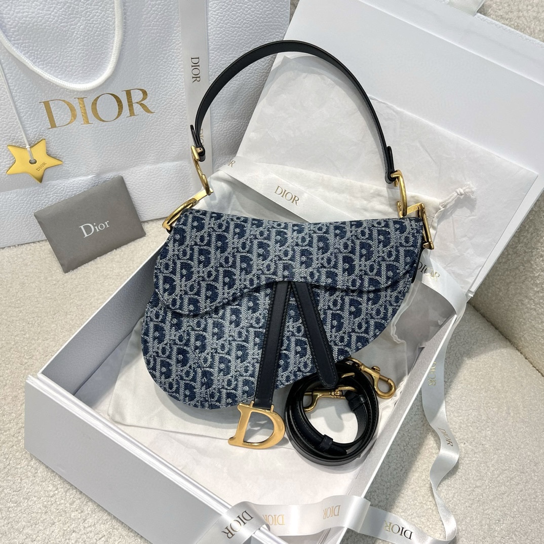 DIOR Saddle Bag with Strap Blue Denim Dior Oblique Jacquard