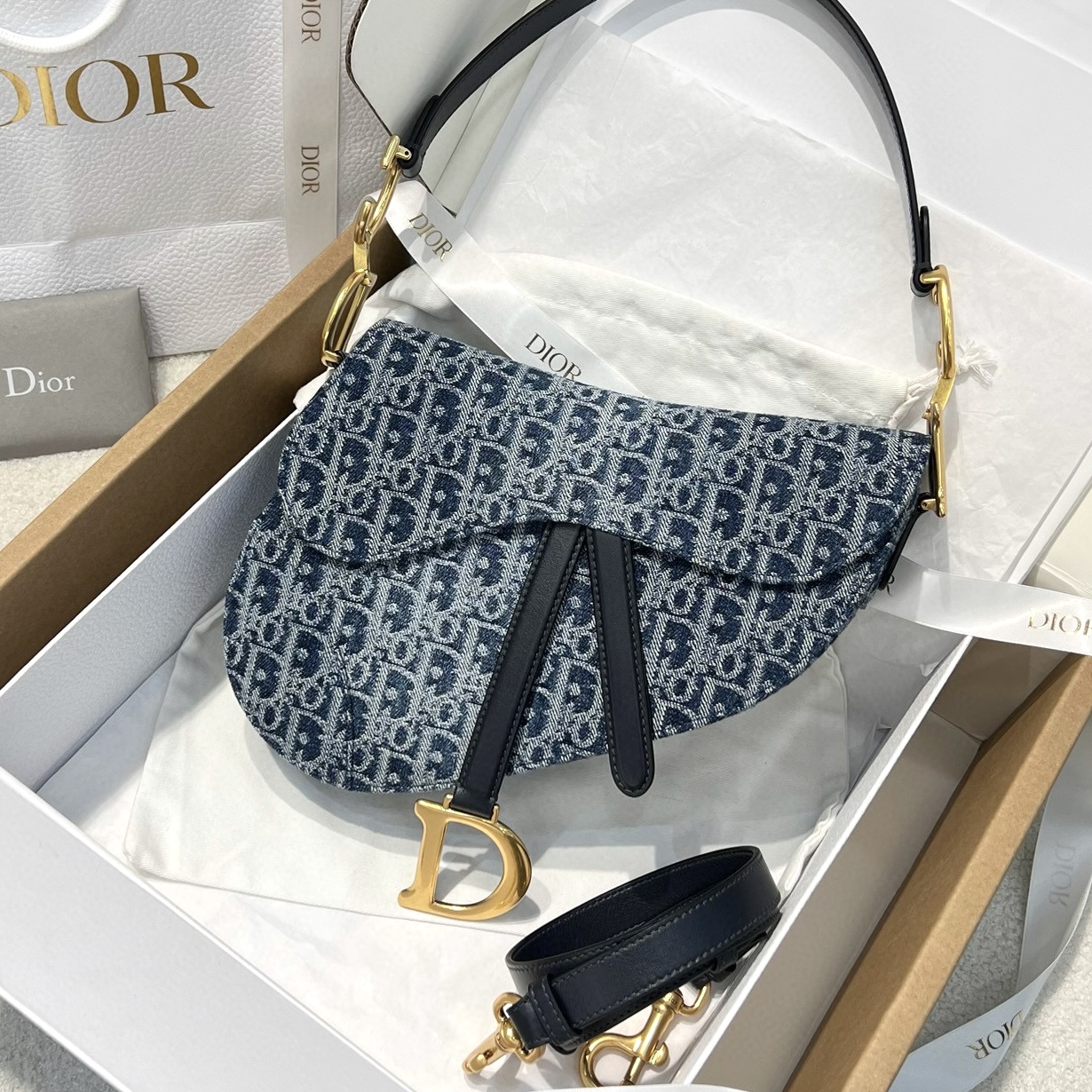 DIOR Saddle Bag with Strap Blue Denim Dior Oblique Jacquard