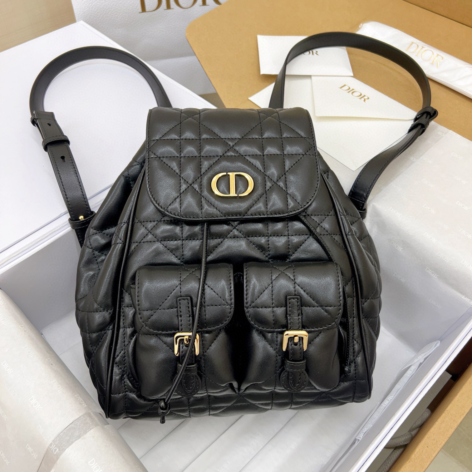 DIOR Medium Dior Caro Backpack Black Macrocannage Lambskin