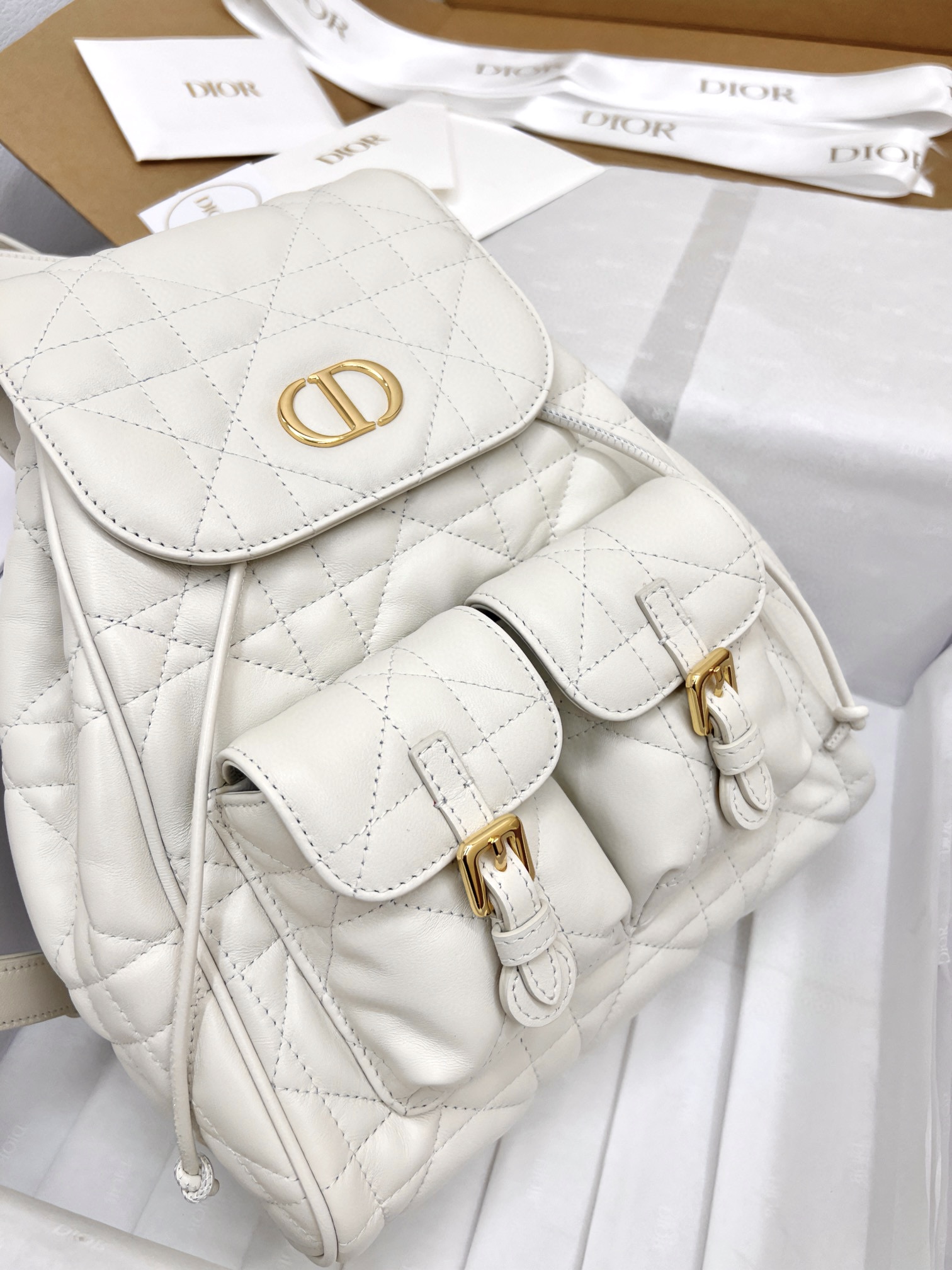 DIOR Medium Dior Caro Backpack Latte Macrocannage Lambskin