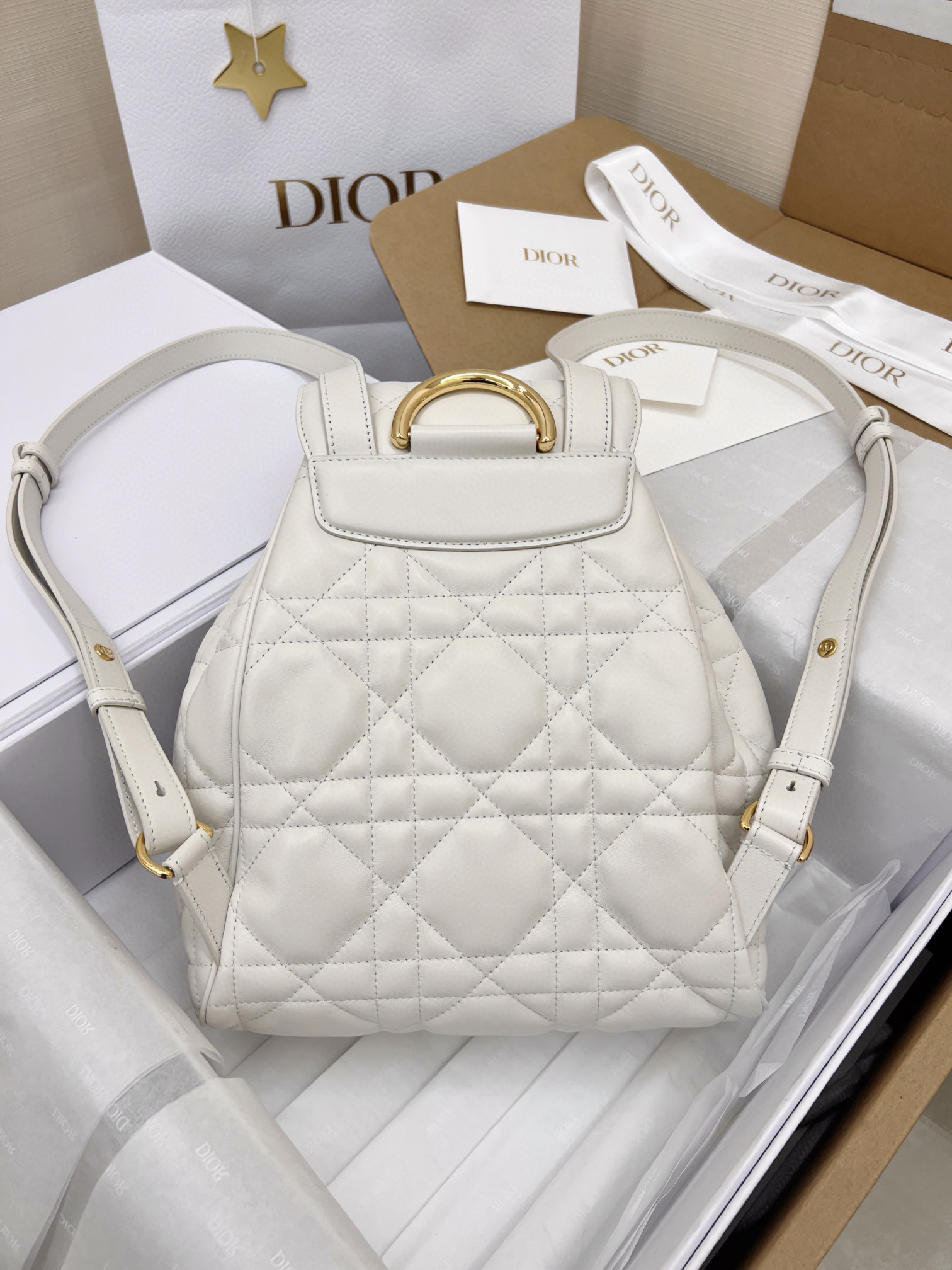 DIOR Medium Dior Caro Backpack Latte Macrocannage Lambskin