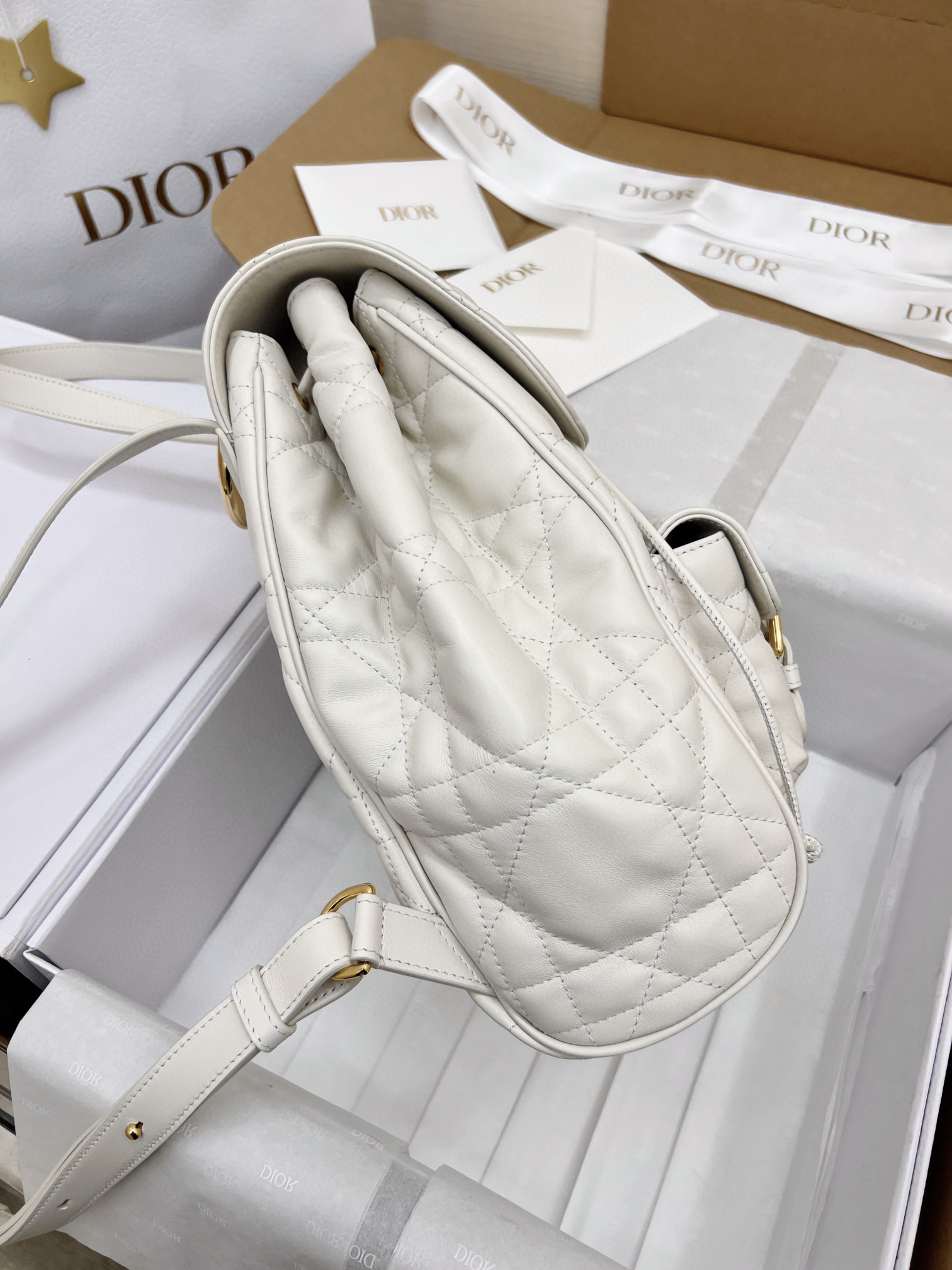 DIOR Medium Dior Caro Backpack Latte Macrocannage Lambskin