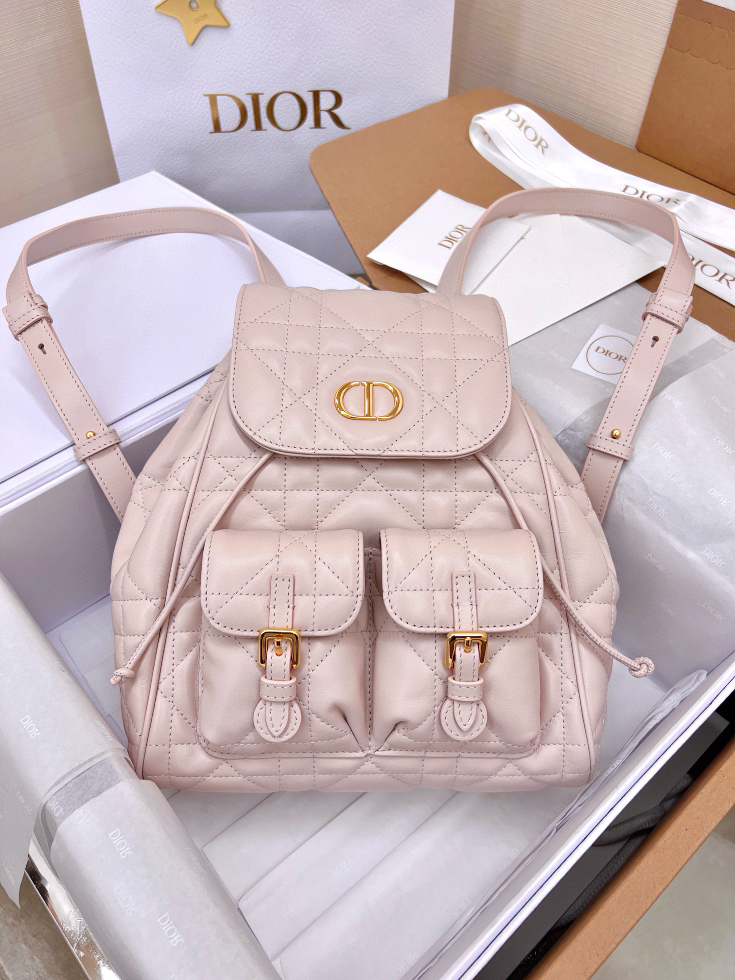 DIOR Medium Dior Caro Backpack Powder Pink Macrocannage Lambskin