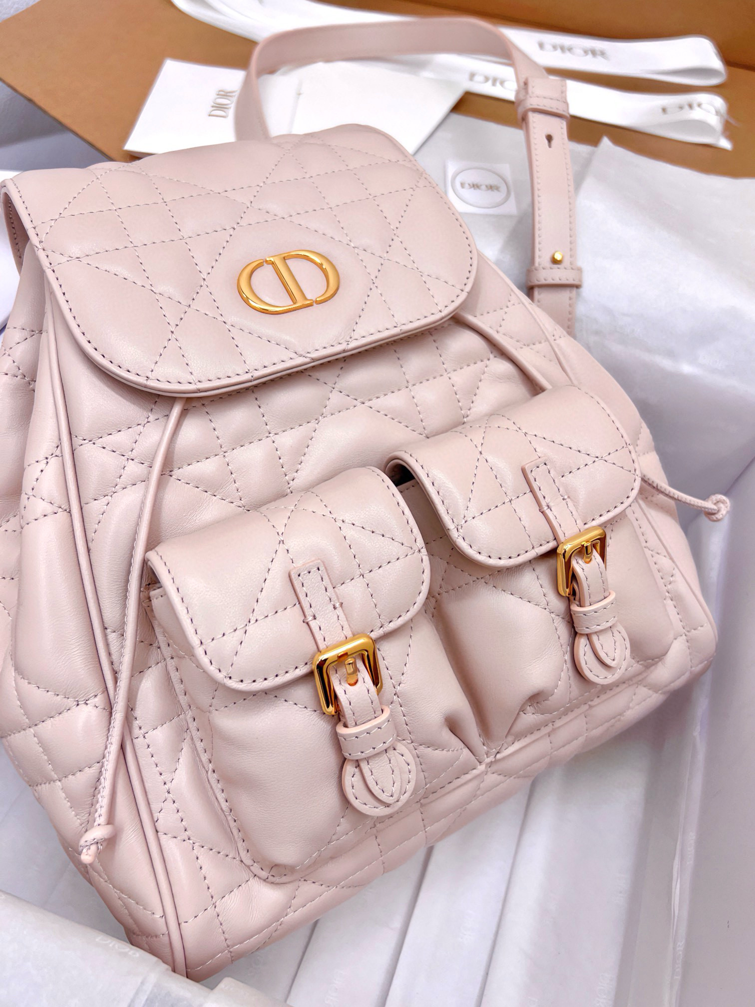 DIOR Medium Dior Caro Backpack Powder Pink Macrocannage Lambskin