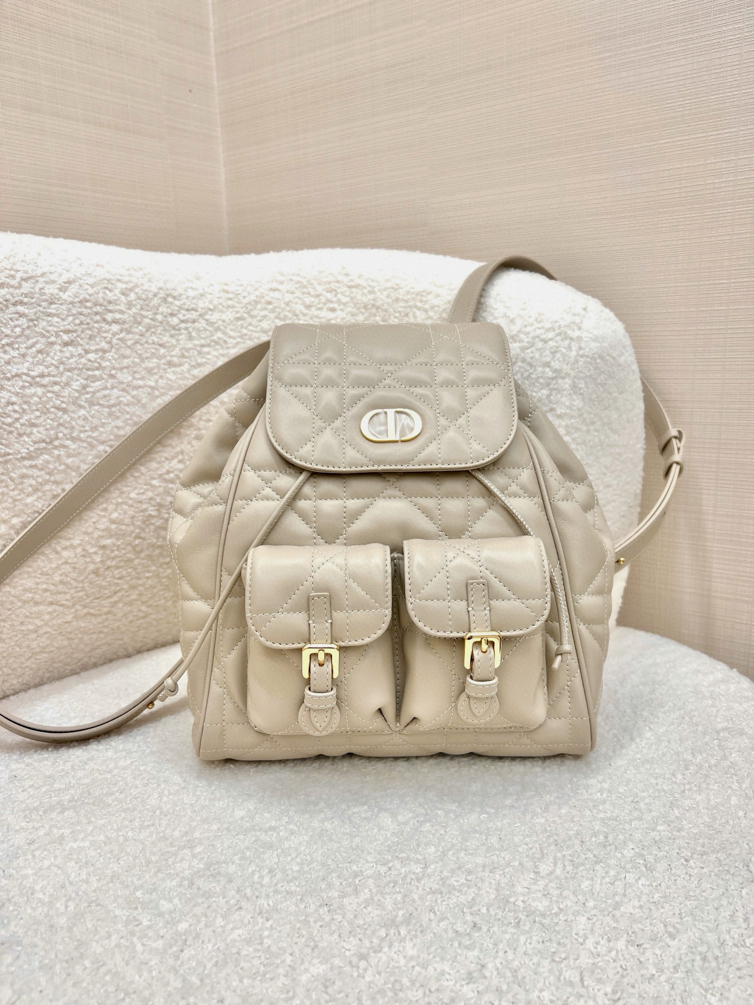 DIOR Medium Dior Caro Backpack Powder Beige Macrocannage Lambskin